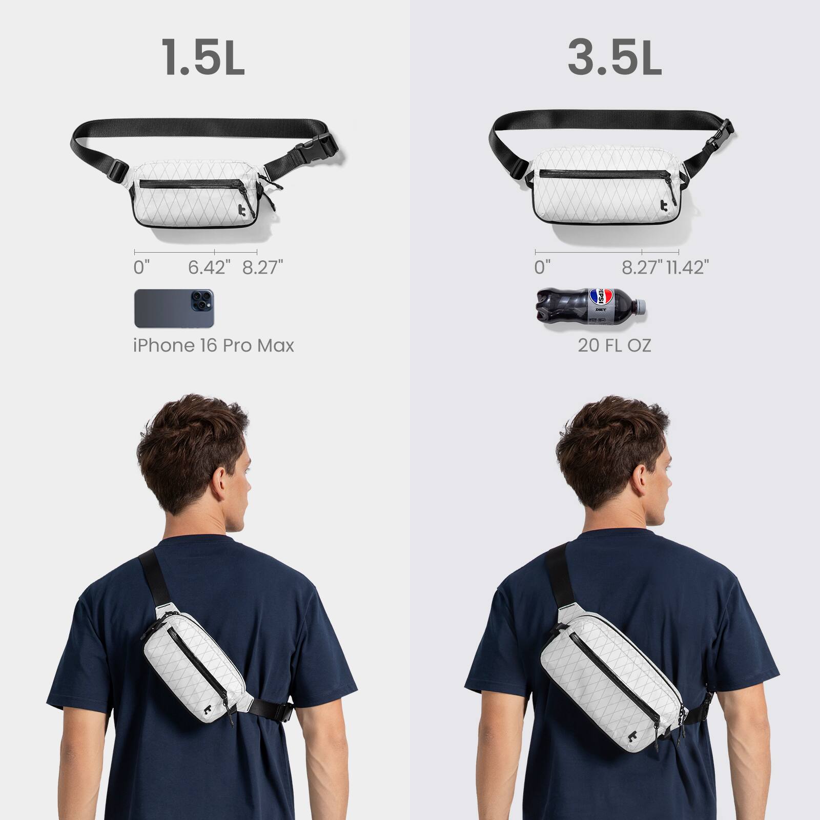 1.5L  
0" 6.42" 8.27"  
iPhone 16 Pro Max  

3.5L  
0" 8.27" 11.42"  
20 FL OZ