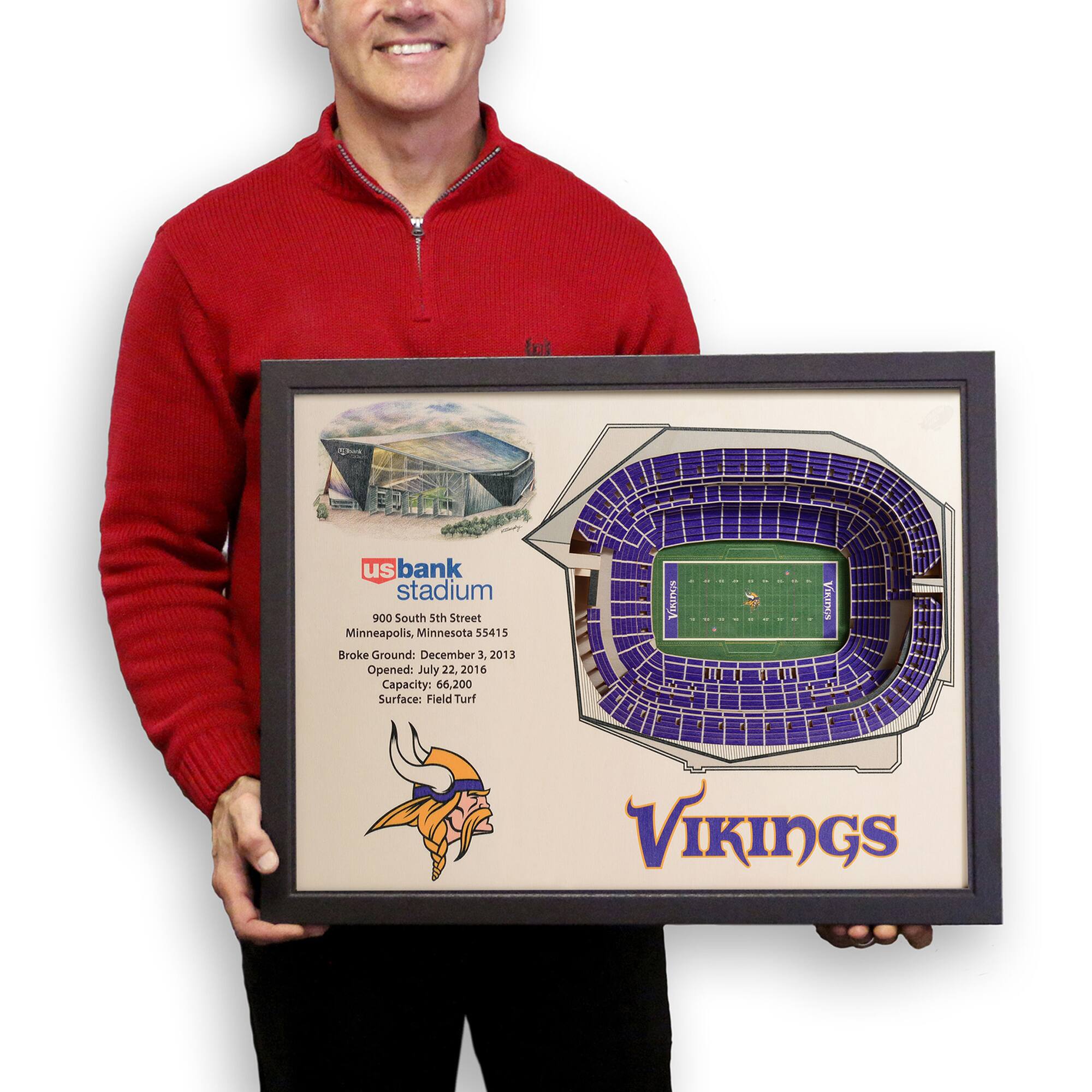 US Bank Stadium  
900 South 5th Street  
Minneapolis, Minnesota 55415  
Broke Ground: December 3, 2013  
Opened: July 22, 2016  
Capacity: 66,200  
Surface: Field Turf  

VIKINGS