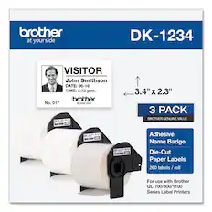 **brother**
at your side
**DK-1234**
**VISITOR**
John Smithson
DATE: 06-16
TIME: 2:15 p.m.
No. 017
**3 PACK**
BROTHER GENUINE VALUE
Adhesive Name Badge
Die-Cut Paper Labels
260 labels / roll
For use with Brother QL-700/800/1100 Series Label Printers
3.4" x 2.3"