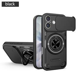 Dteck - Shockproof Case for Apple iPhone 17 with Slide Lens Protector, 360° Rotatable Ring Kickstand Rugged Protective Cover - Black