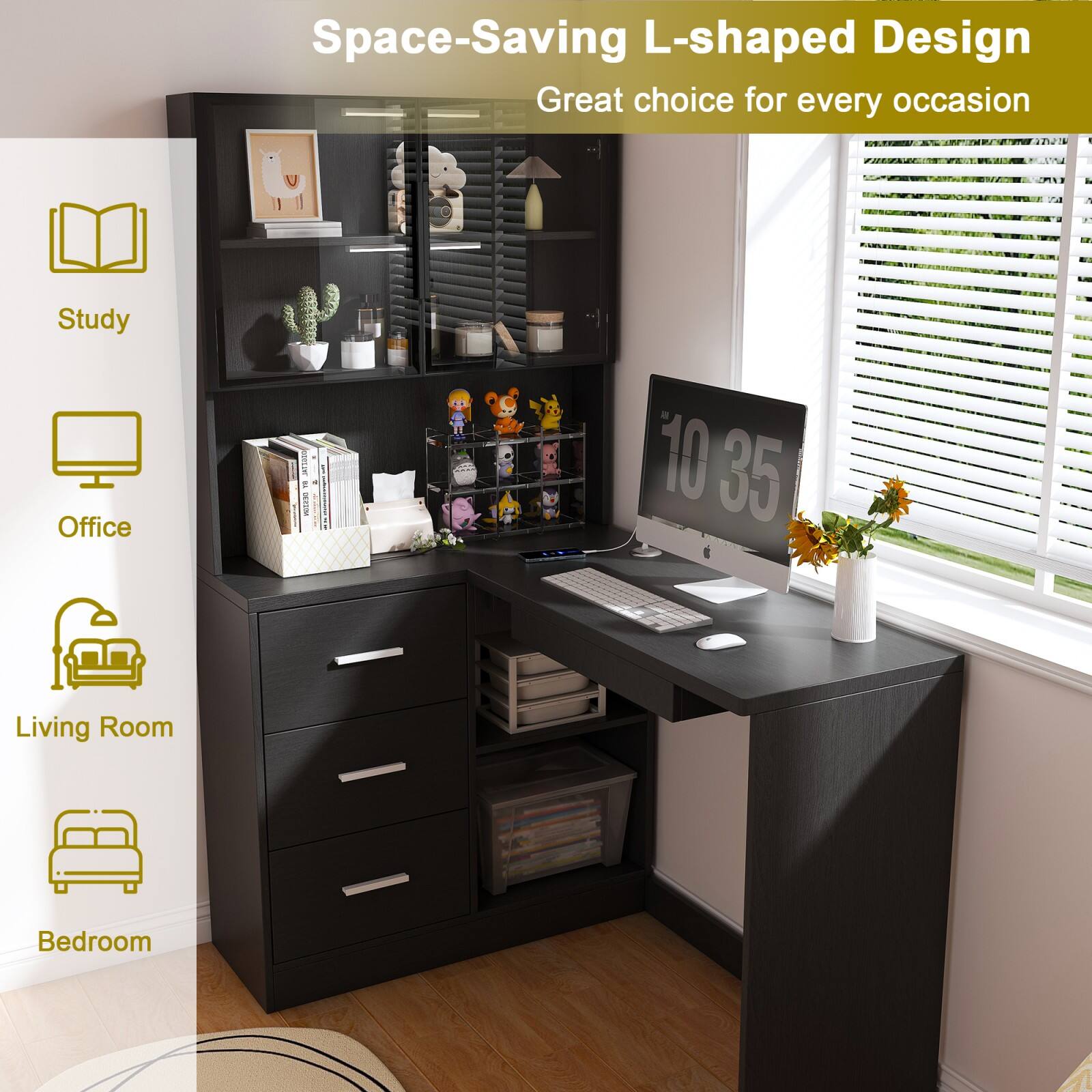 Space-Saving L-shaped Design  
Great choice for every occasion  

Study  
Office  
Living Room  
Bedroom  

10:35