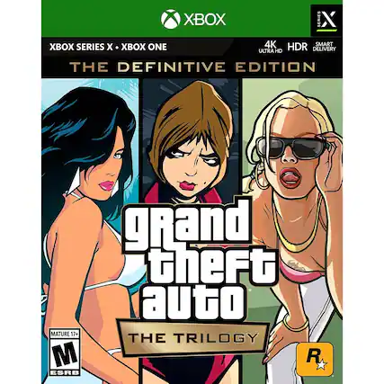 XBOX SERIES X • XBOX ONE
THE DEFINITIVE EDITION
grand theft auto
THE TRILOGY
MATURE 17+
ESRB
4K ULTRA HD
HDR
SMART DELIVERY
XBOX
X SERIES X - M (Mature 17+)