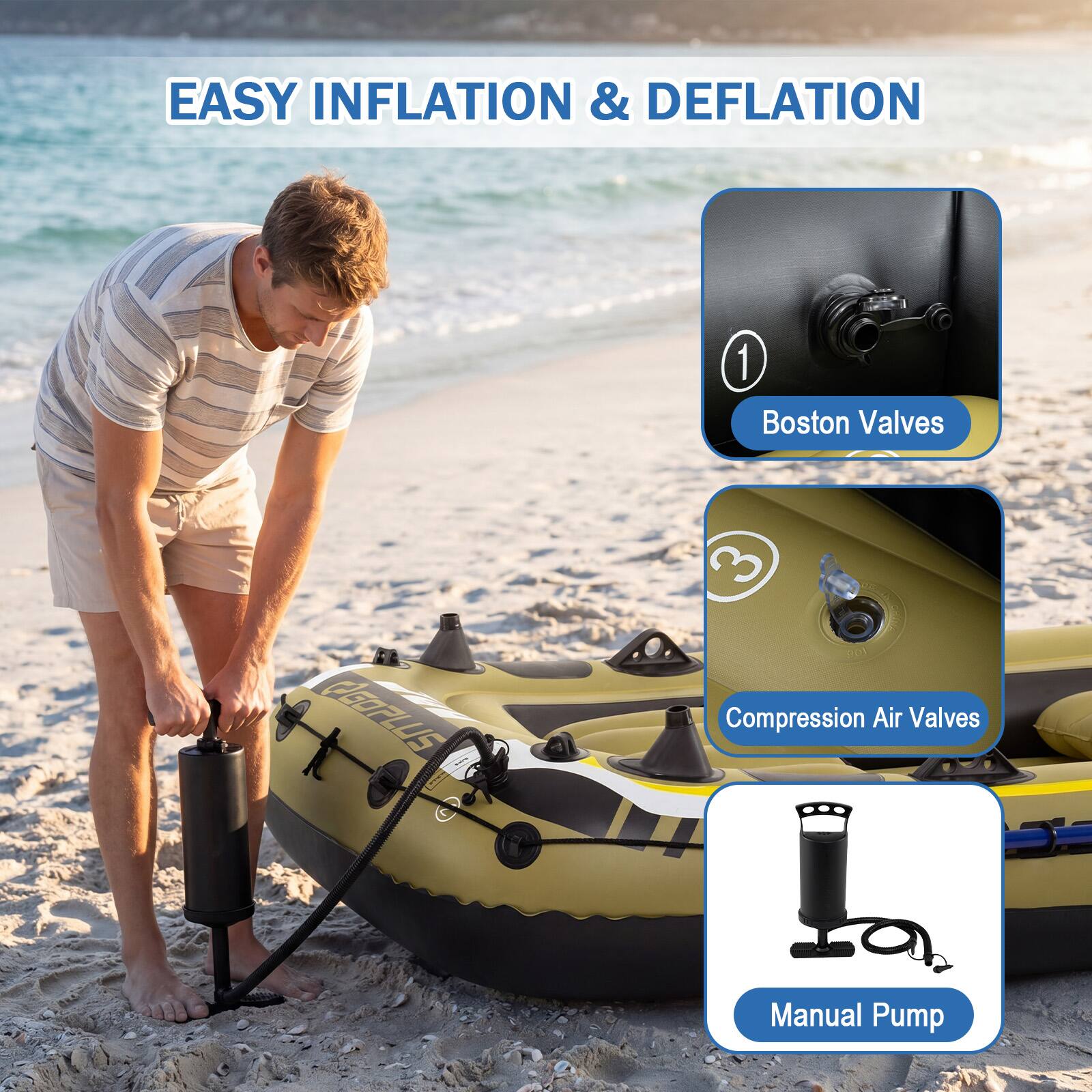 EASY INFLATION & DEFLATION

1. Boston Valves
2. Compression Air Valves
3. Manual Pump