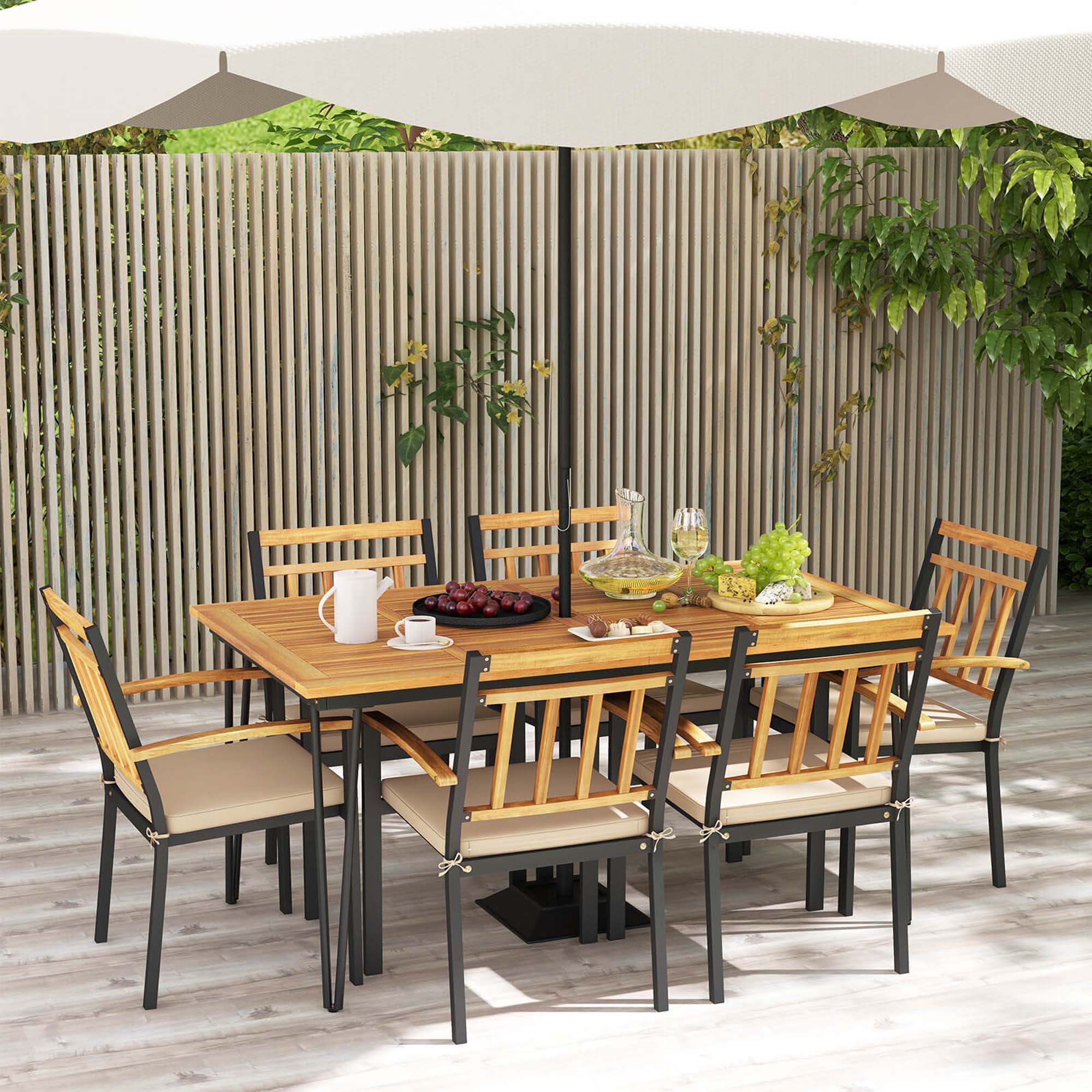 Alt View 1. Costway - 7 PCS Patio Dining Set with Acacia Wood Dining Table Rattan Armchairs Soft Cushions - Natural + Black.