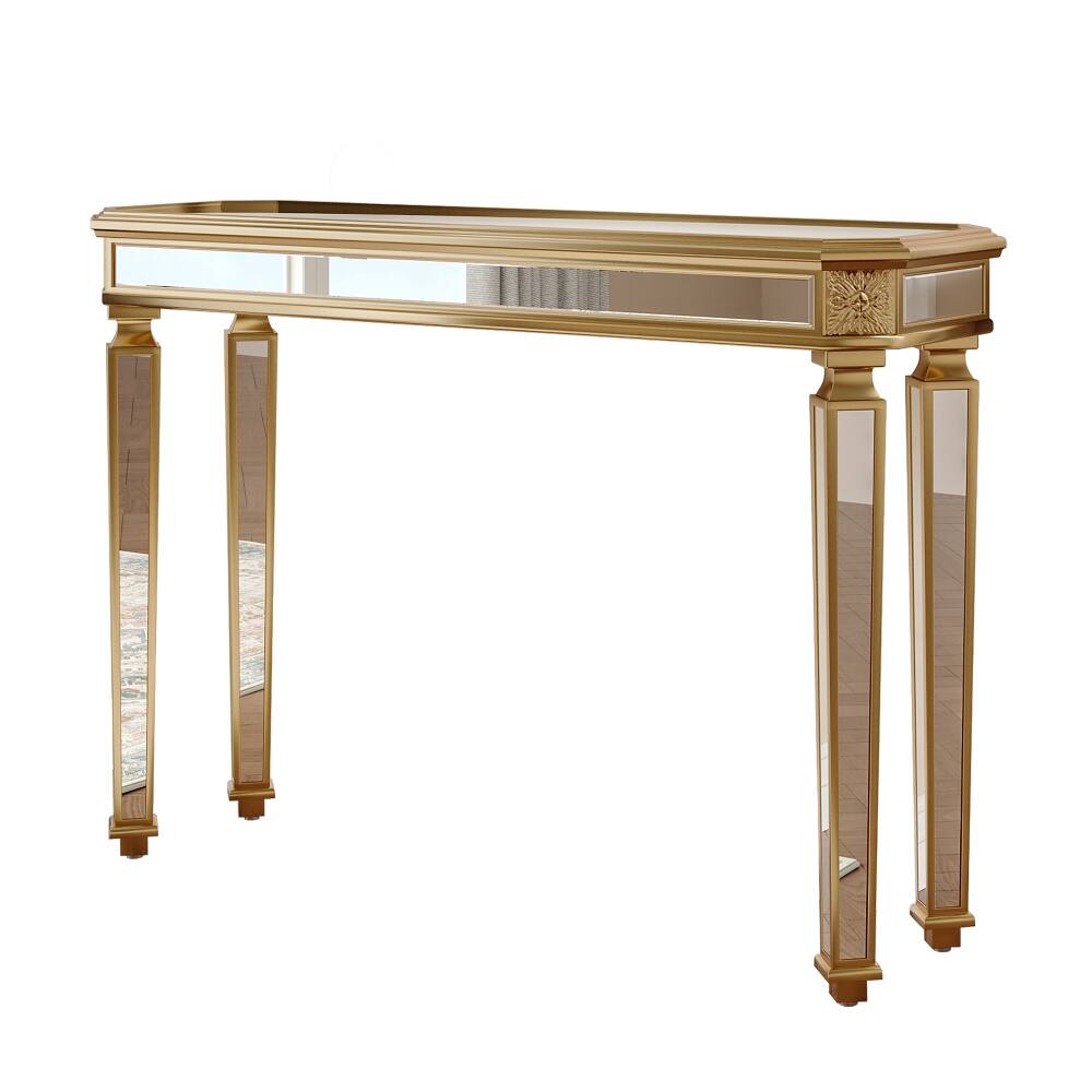 Alt View 8. Loheer - Loheer Gold Mirrored Console Table, Vintage Wood Carved Entryway Table, 48 Inch Living Room Console - Gold.