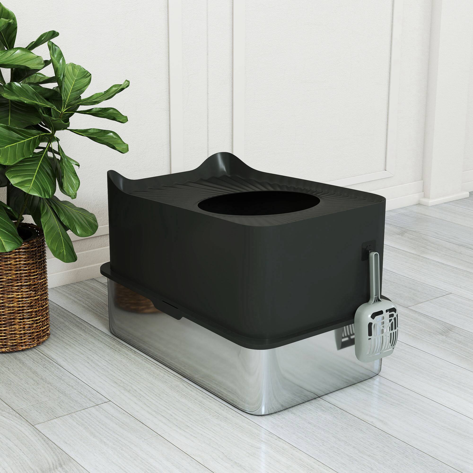 Alt View 5. Pawhut - XL Litter Box, Enclosed Cat Litter Pan with High Wall Sides,  Top Entrance, Anti-Urine Leakage, Non-Sticky - Black.