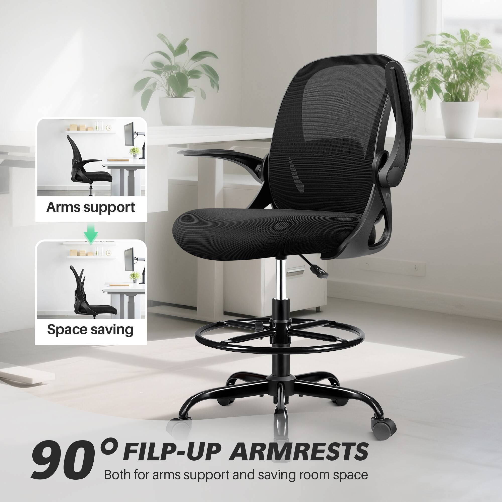 90° FILP-UP ARMRESTS  
Both for arms support and saving room space  

Arms support  
Space saving