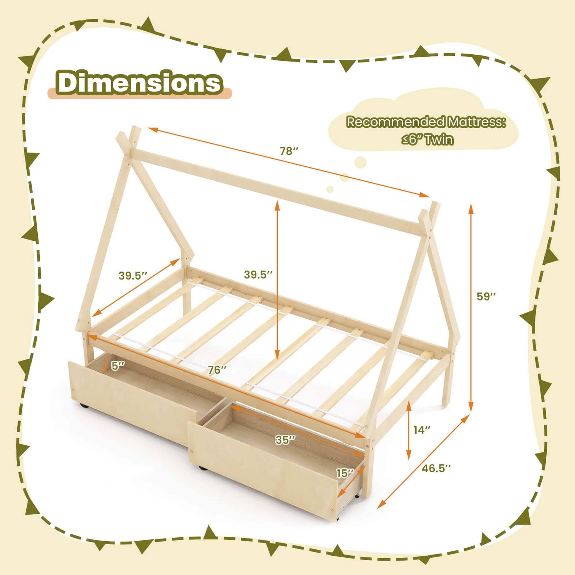 Dimensions: 78" Recommended Mattress: 36" Twin 39.5" 39.5" 59" 50 76" 35" 14" 150 46.5"