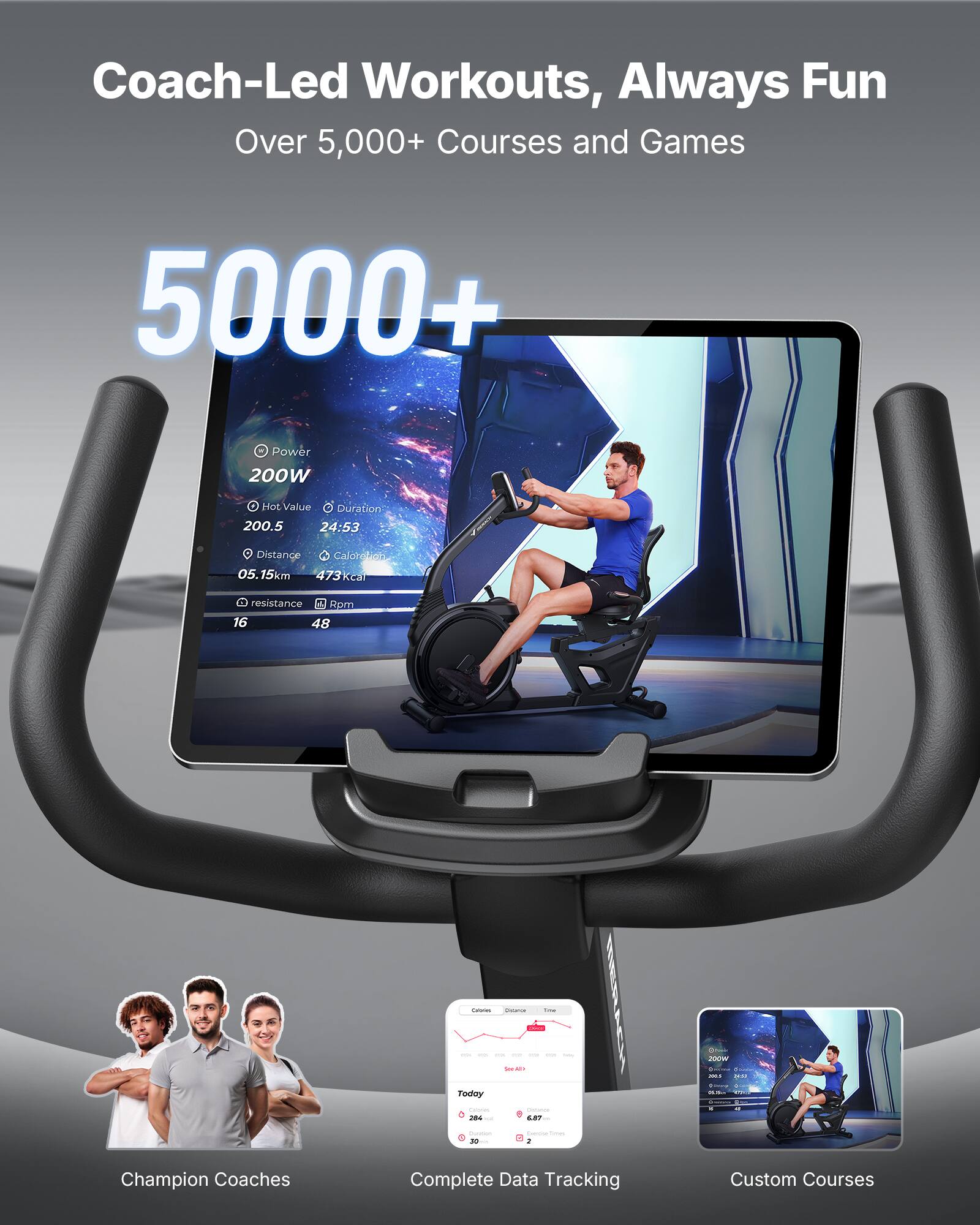 Coach-Led Workouts, Always Fun  
Over 5,000+ Courses and Games  

5000+  

Power: 200W  
Hot Value: 200.5  
Duration: 24:53  
Distance: 05.15km  
Calories: 473  
Resistance: 16  
RPM: 48  

Champion Coaches  
Complete Data Tracking  
Custom Courses