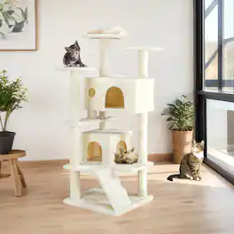 Bestier - 54-Inch Multi-Level Cat Tree with Scratching Posts and Dangling Jingle Ball, Plush Cat Climbing Tower for Indoor Cats - Beige