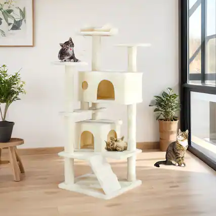 Front. Bestier - 54-Inch Multi-Level Cat Tree with Scratching Posts and Dangling Jingle Ball, Plush Cat Climbing Tower for Indoor Cats - Beige.