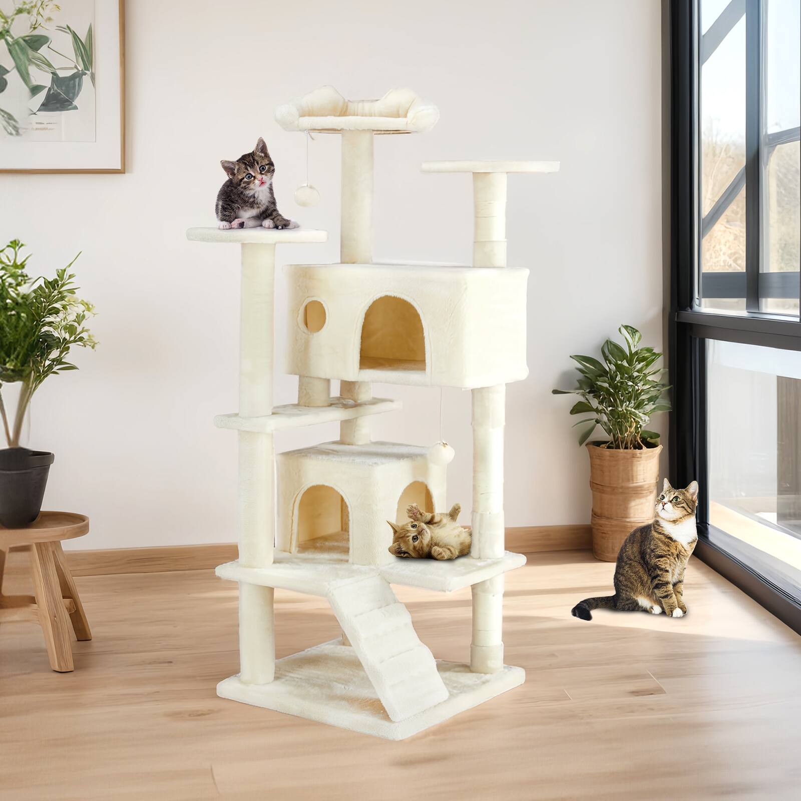 Front. Bestier - 54-Inch Multi-Level Cat Tree with Scratching Posts and Dangling Jingle Ball, Plush Cat Climbing Tower for Indoor Cats - Beige.