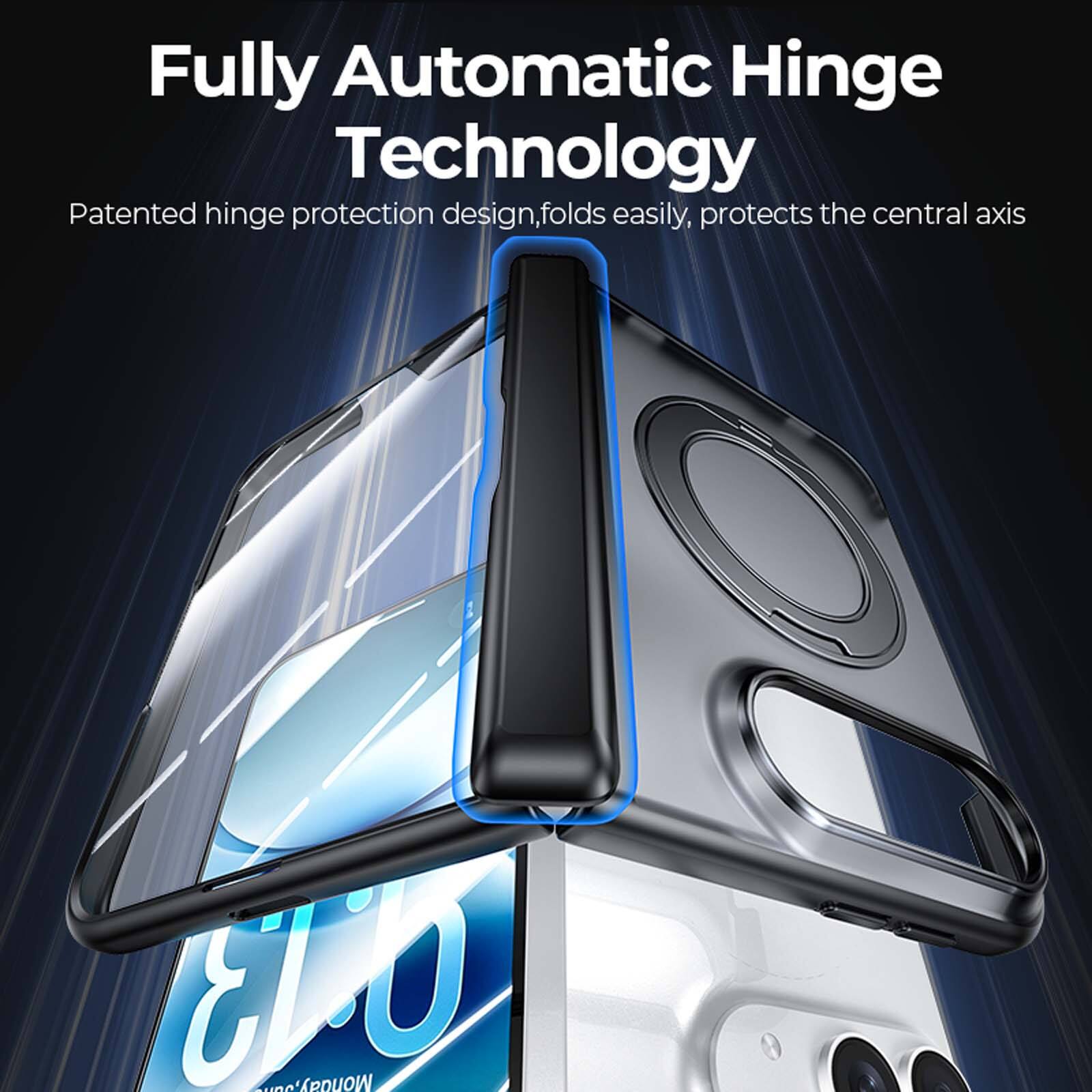 Fully Automatic Hinge Technology  
Patented hinge protection design, folds easily, protects the central axis