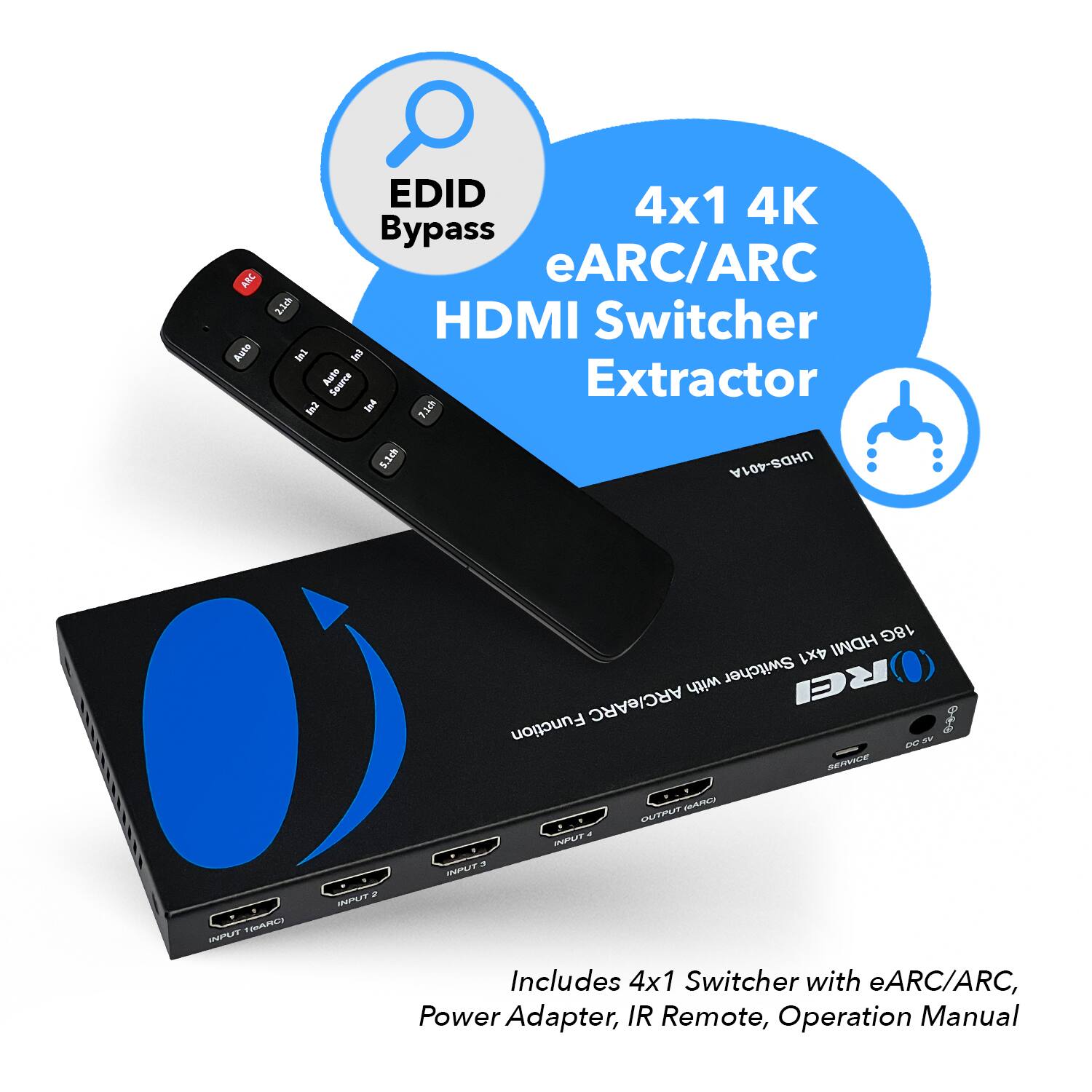 N Pulta EDID Bypass 4x1 4K eARC/ARC HDMI Switcher Extractor 2.1ch 18G 4x1 HDMI with Switcher REI ARC/eARC Function Includes 4x1 Switcher with eARC/ARC, Power Adapter, IR Remote, Operation Manual