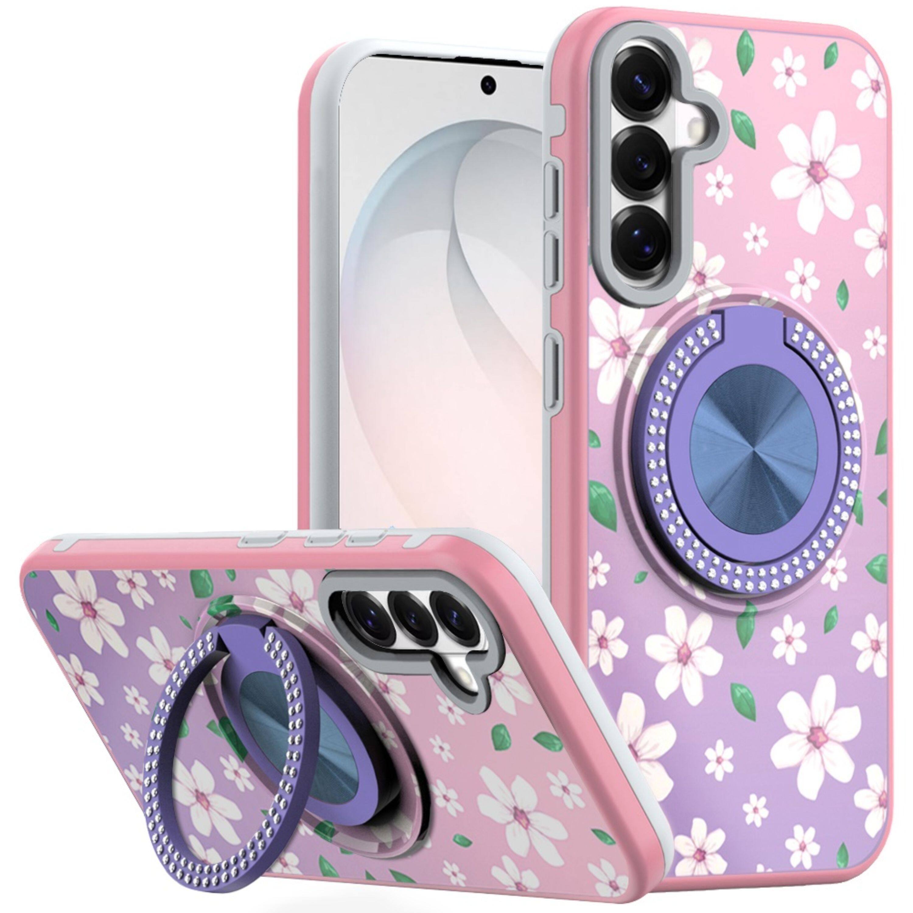 Front. Kitcheniva - Printed Design With 360 Bling Stand Cover Plus Tempered Glass For Samsung S26 FE Floral B - Multicolor.