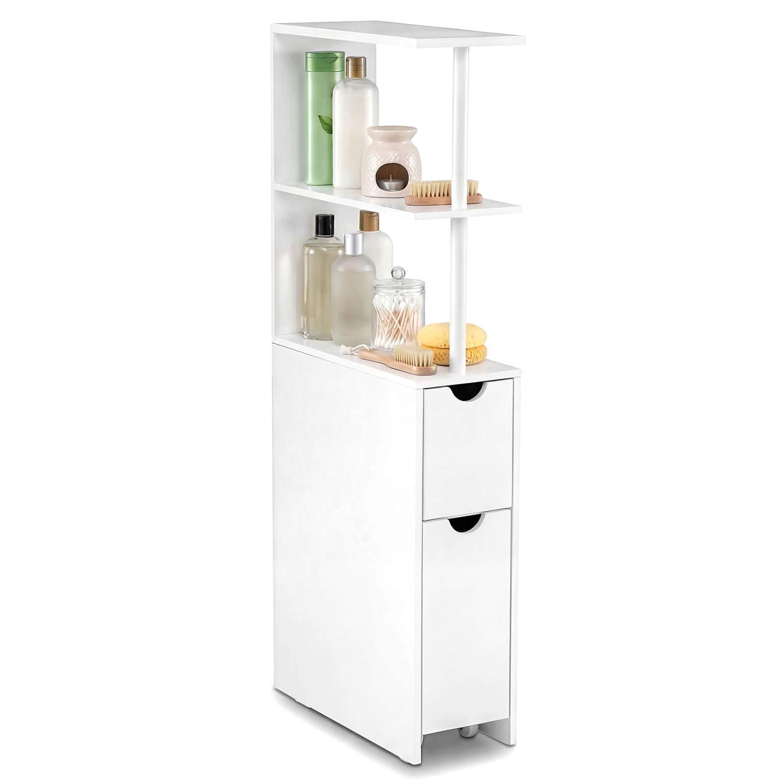 Costway - Slim Storage Cabinet with Open Shelves Pull-out Drawer & Slide-out Cart for Kitchen - White