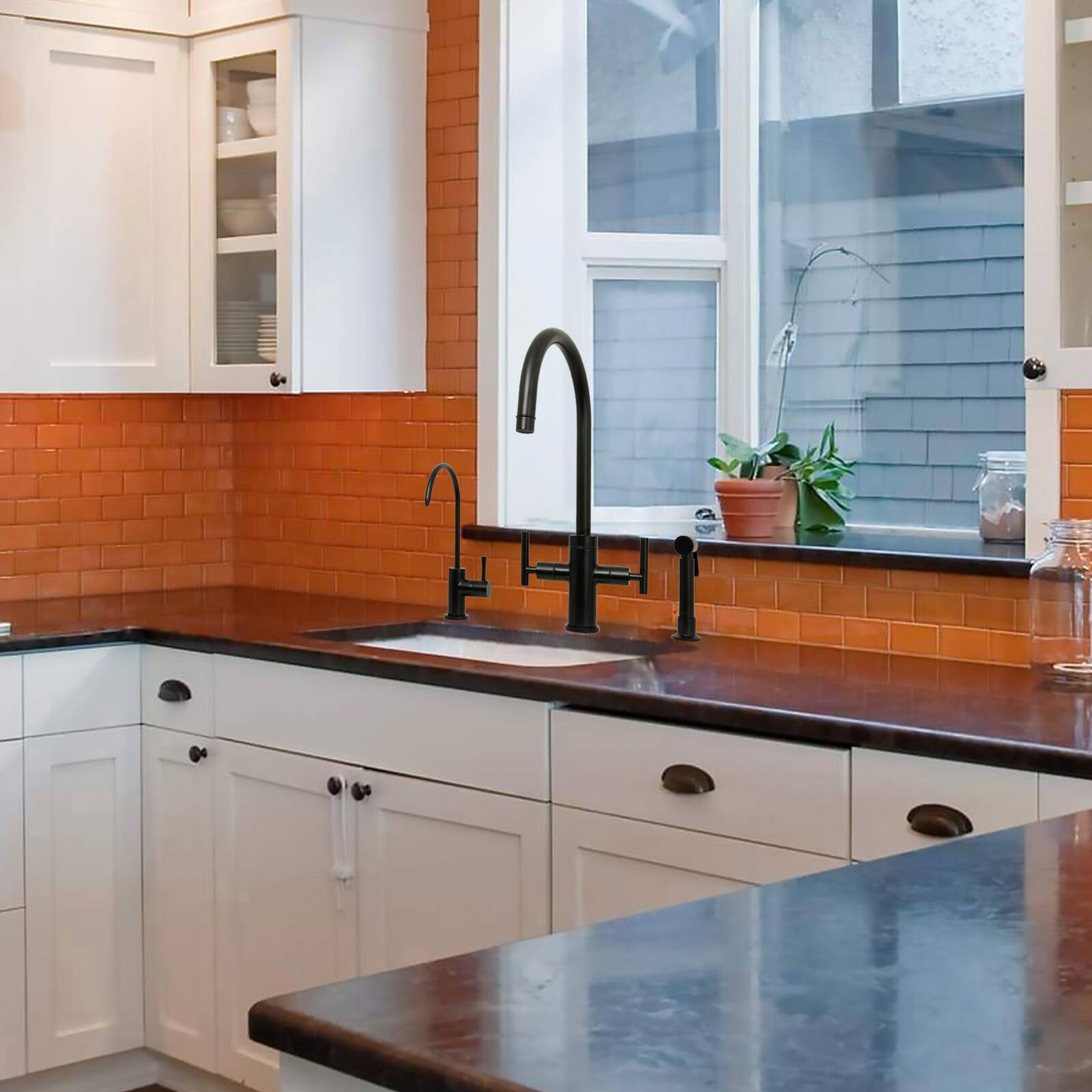 Alt View 5. Akicon - Akicon Two-Handles 360° Swivel Widespread Kitchen Faucet with Side Sprayer in Matte Black - Matte Black.