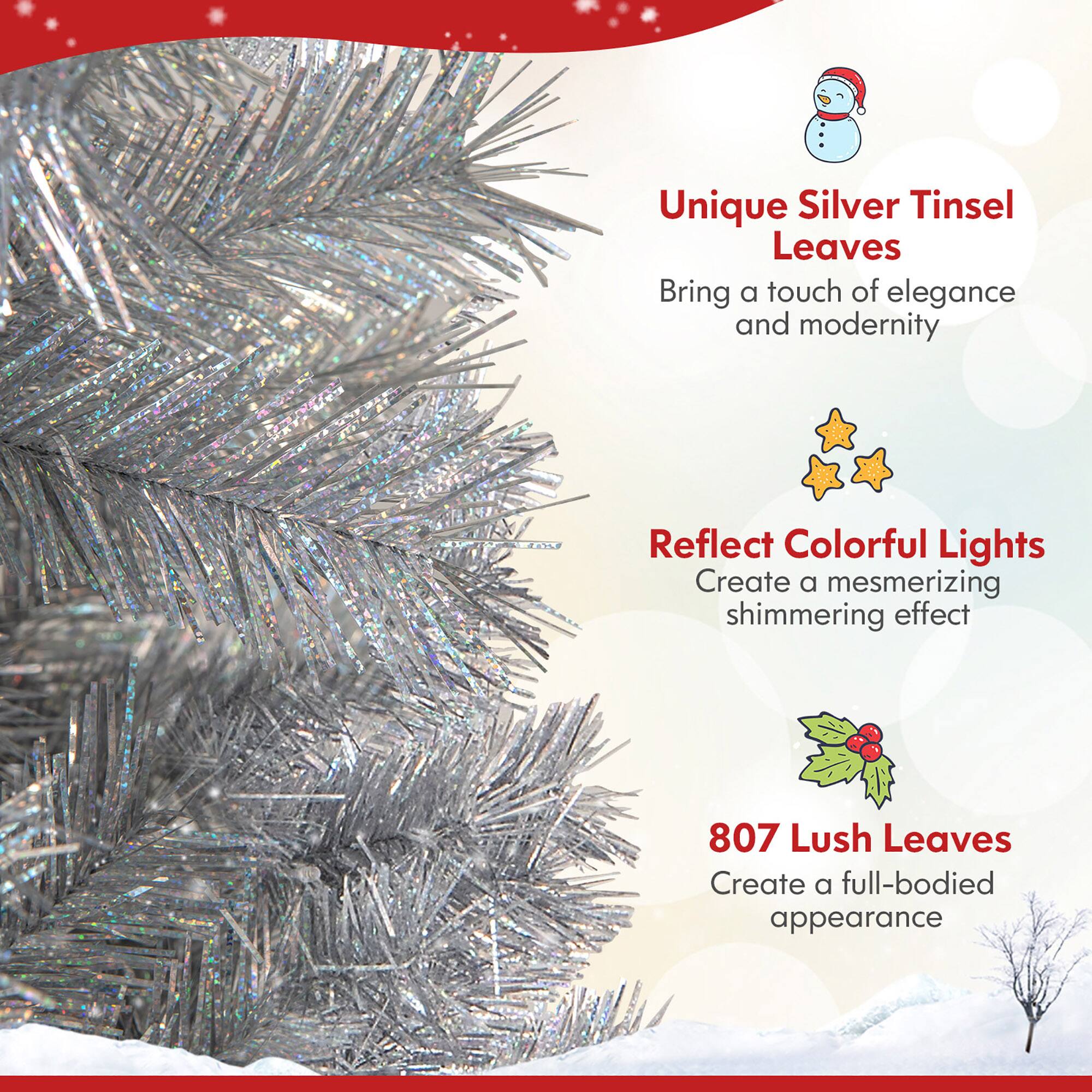 Unique Silver Tinsel Leaves  
Bring a touch of elegance and modernity  

Reflect Colorful Lights  
Create a mesmerizing shimmering effect  

807 Lush Leaves  
Create a full-bodied appearance