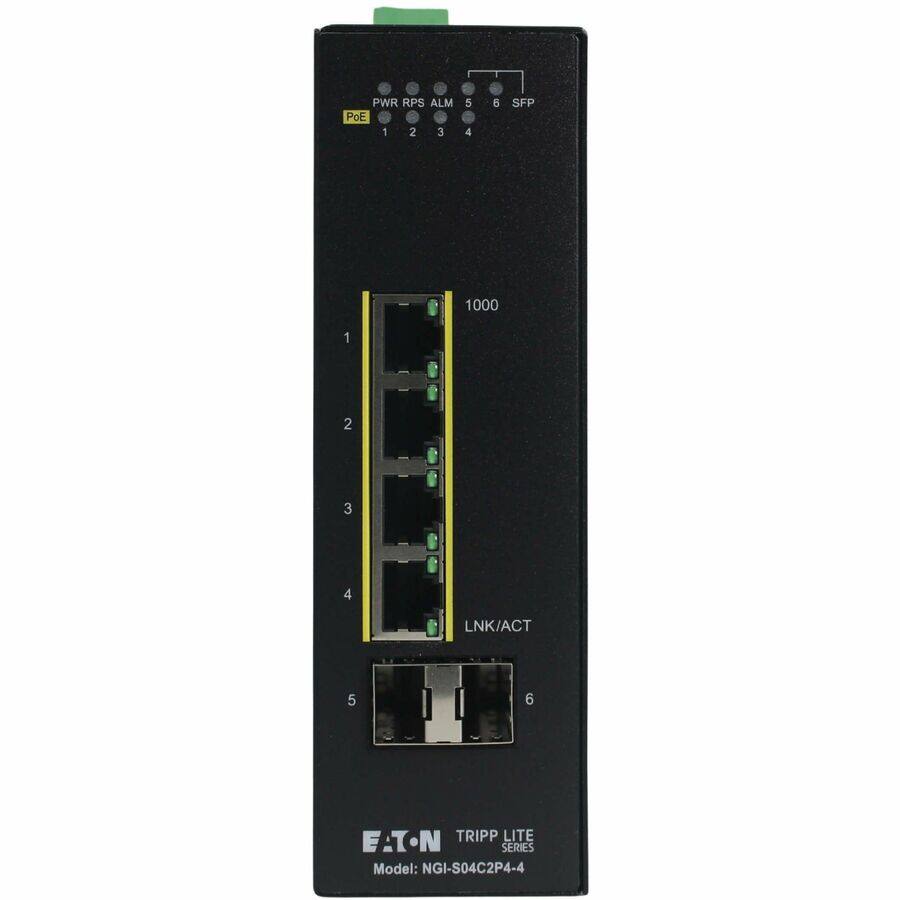 PWR RPS ALM PoE 1 2 3 4 5 SFP 1000 1 2 3 4 LNK/ACT 5 6 E:T-N TRIPP LITE SERIES Model: NGI-S04C2P4-4