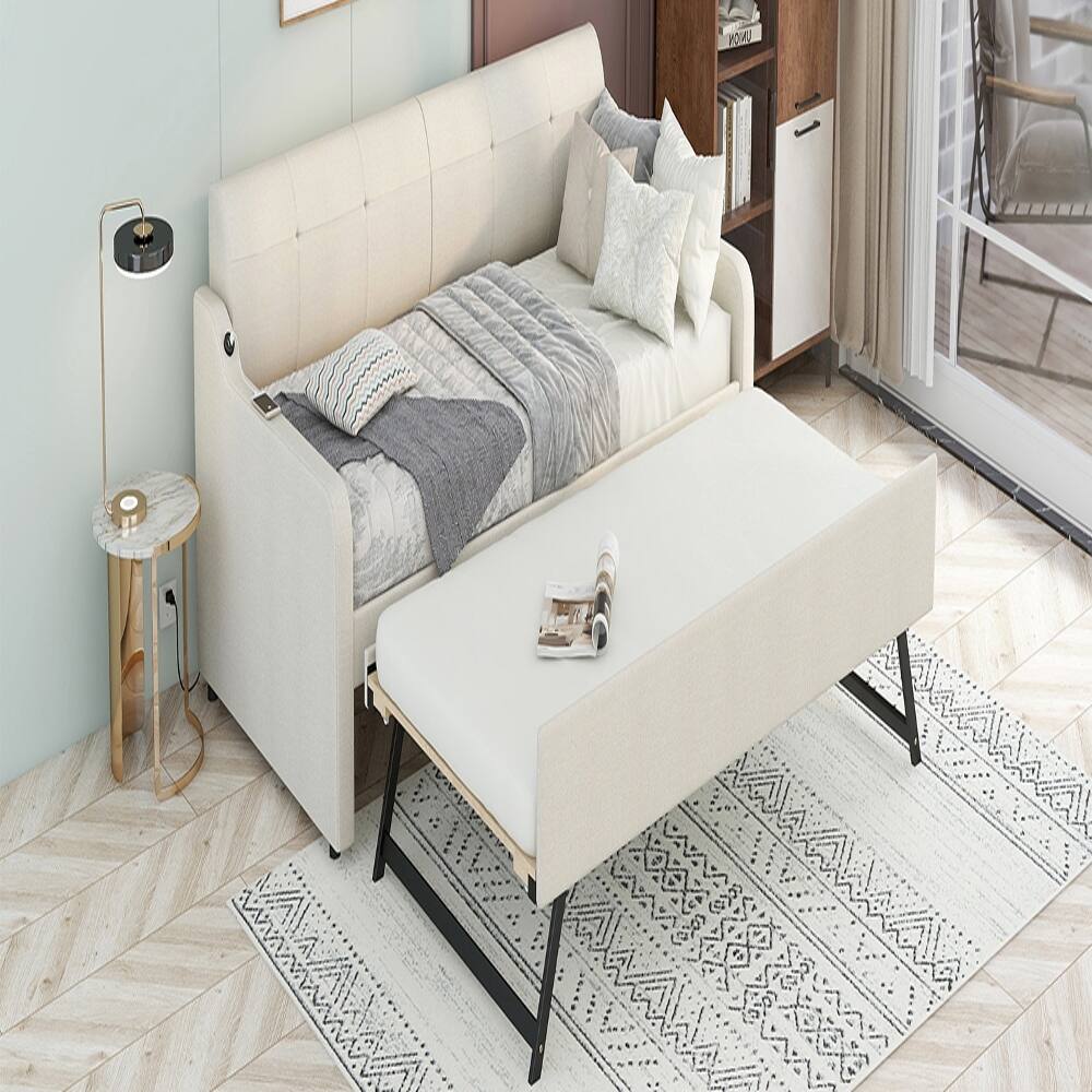 Alt View 2. Loheer - Loheer Twin Daybed with Trundle Upholstered Beige Sofa Bed USB - Beige.