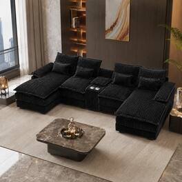 Anysun - 120" U-Shaped Sofa with Center Console & USB Ports – Includes 4 Pillows – Ideal for Spacious Living Rooms - Black