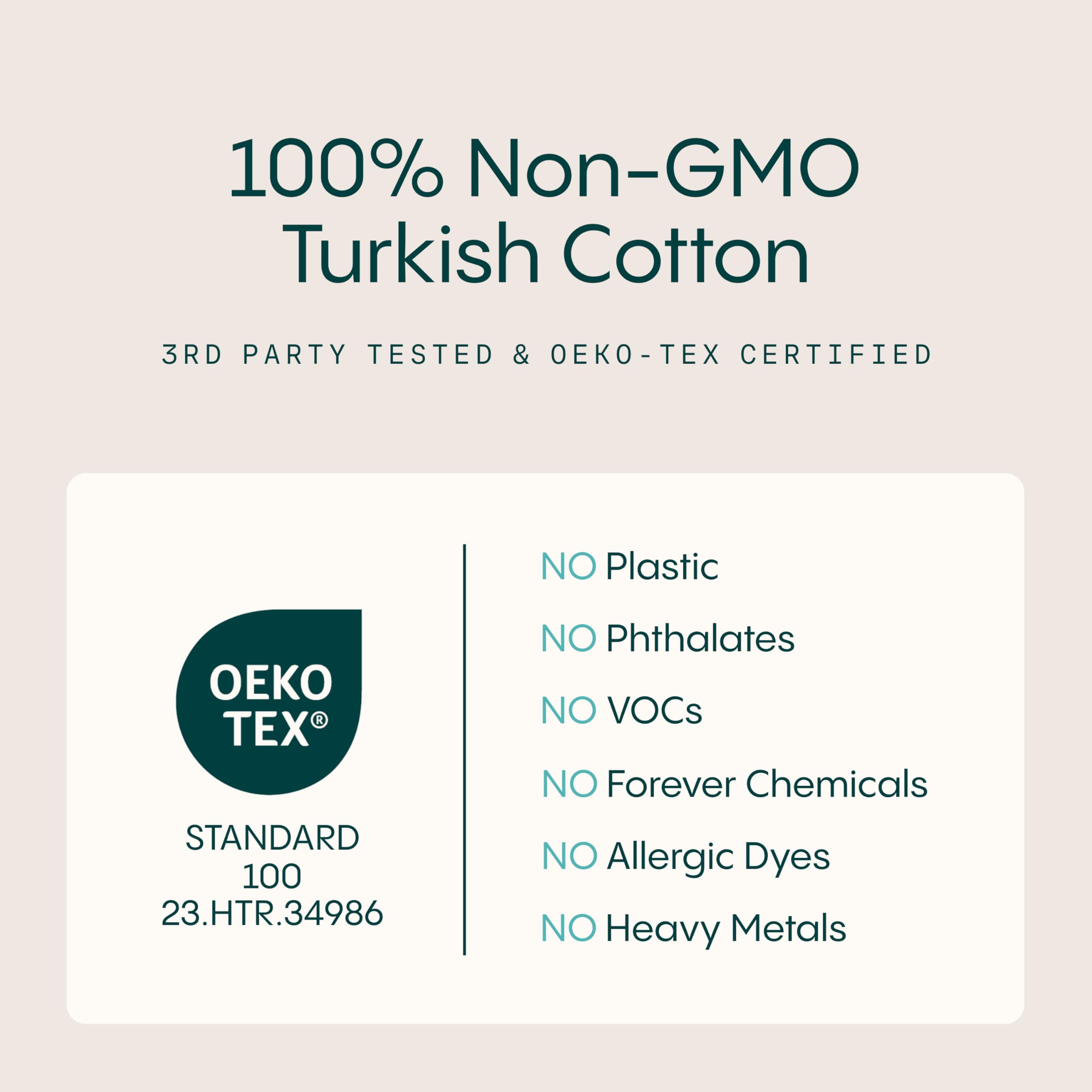 100% Non-GMO Turkish Cotton

3RD PARTY TESTED & OEKO-TEX CERTIFIED

STANDARD 100  
23.HTR.34986

NO Plastic  
NO Phthalates  
NO VOCs  
NO Forever Chemicals  
NO Allergic Dyes  
NO Heavy Metals