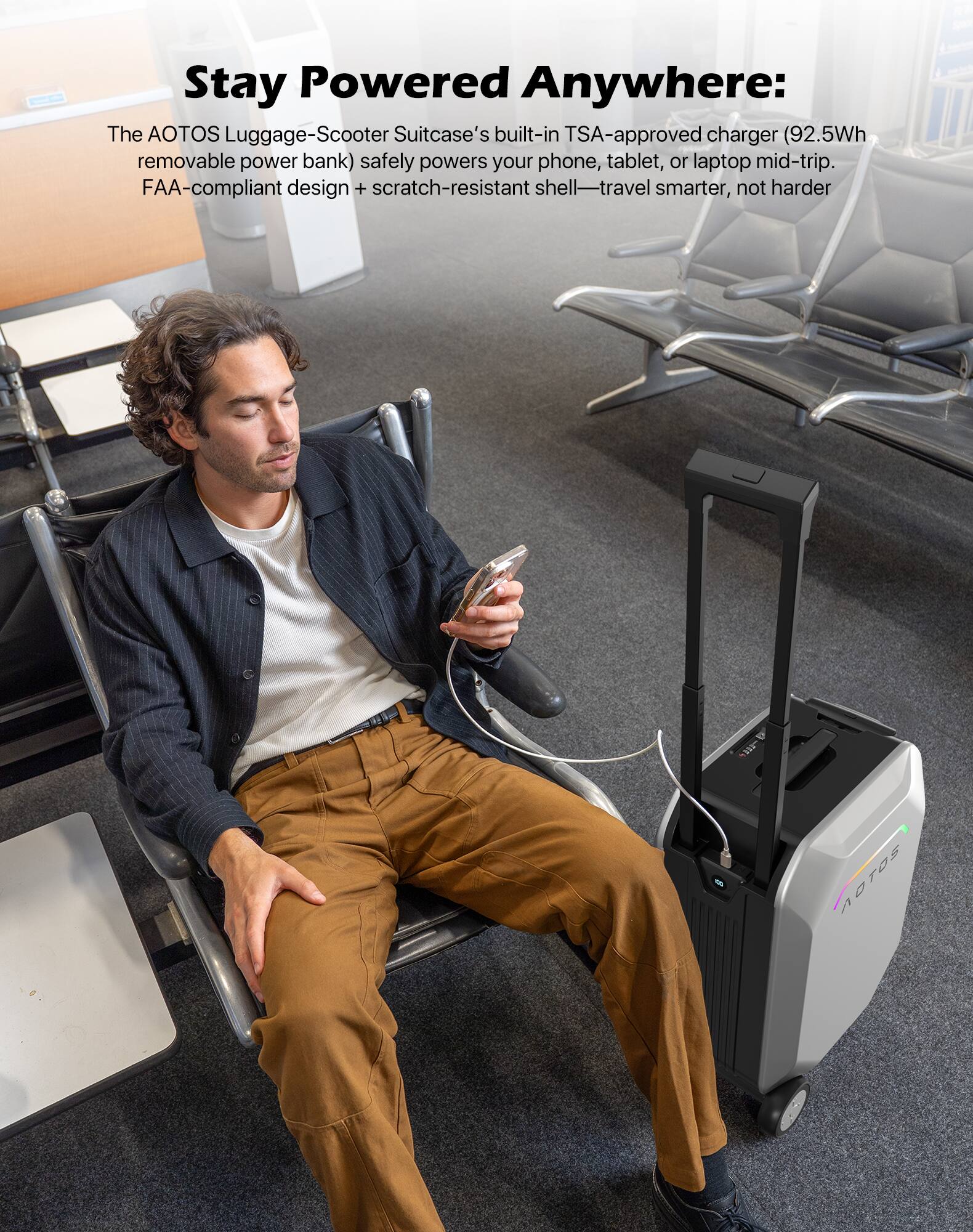 Stay Powered Anywhere:  
The AOTOS Luggage-Scooter Suitcase's built-in TSA-approved charger (92.5Wh removable power bank) safely powers your phone, tablet, or laptop mid-trip. FAA-compliant design + scratch-resistant shell — travel smarter, not harder.