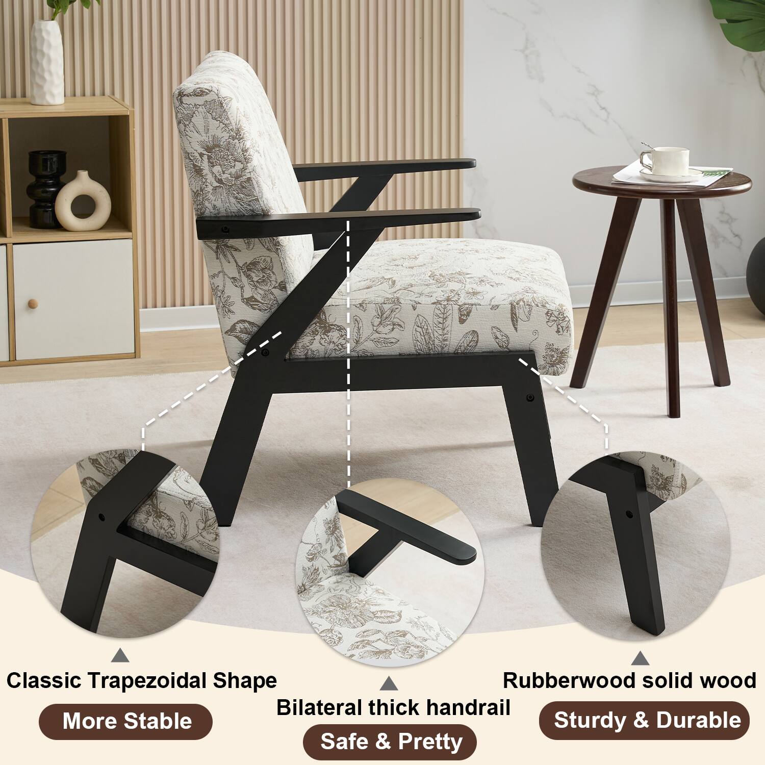 Classic Trapezoidal Shape  
More Stable  

Bilateral thick handrail  
Safe & Pretty  

Rubberwood solid wood  
Sturdy & Durable