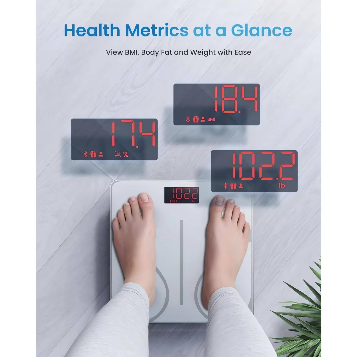 Health Metrics at a Glance  
View BMI, Body Fat and Weight with Ease  

18.4 BMI  
17.4 % Body Fat  
102.2 lb