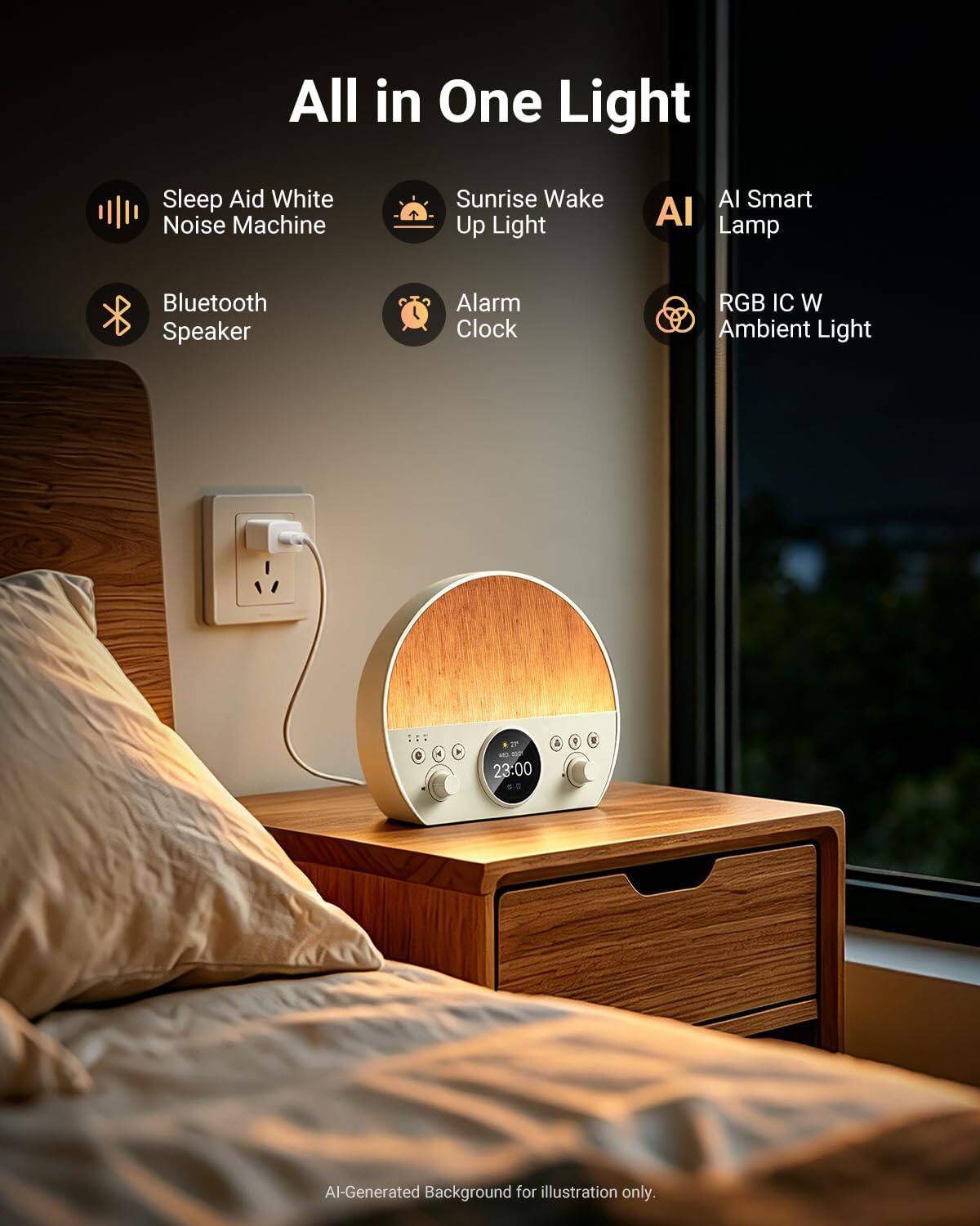 All in One Light Sleep Aid White Noise Machine Sunrise Wake Up Light AI Smart AI Lamp Bluetooth Speaker Alarm Clock RGB IC W Ambient Light

AI-Generated Background for illustration only.