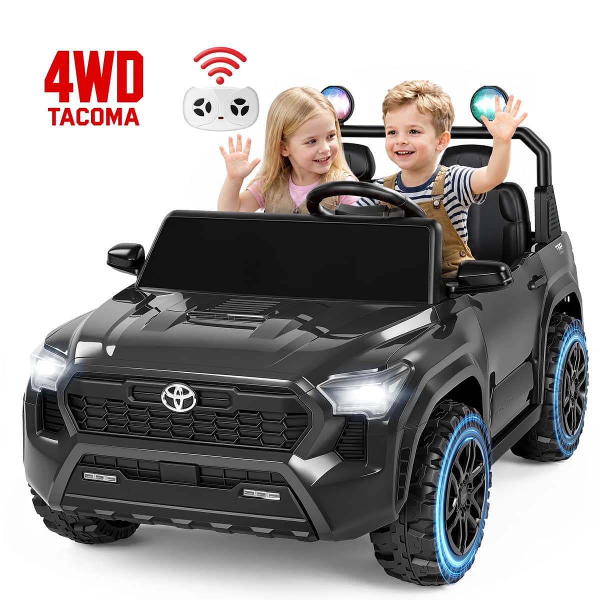 Wisairt - Toyota Tacoma Licensed 24V 4WD Kids Ride On Truck, 2 Seater Electric Vehicle w/ Remote, LED Lights - Black