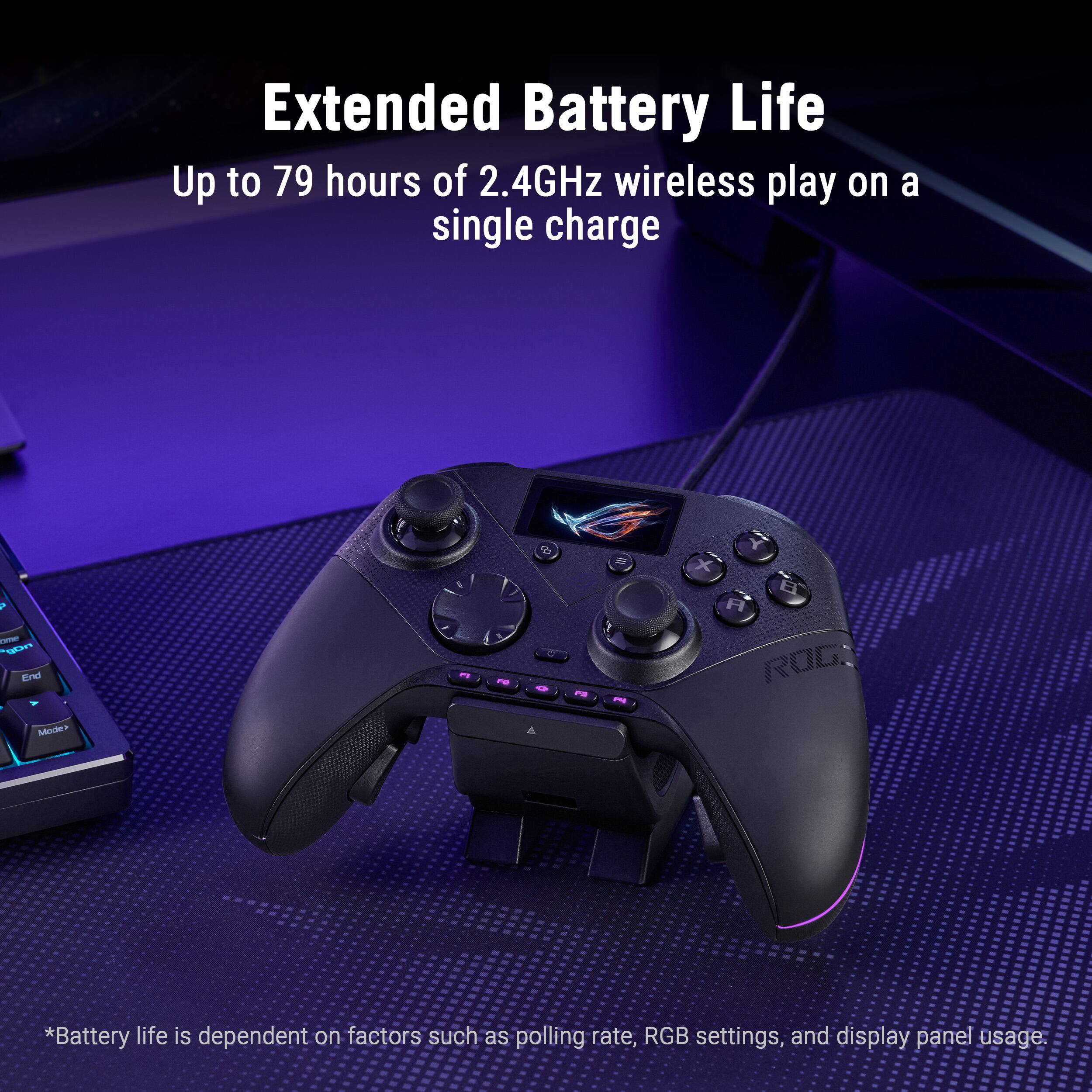 Extended Battery Life  
Up to 79 hours of 2.4GHz wireless play on a single charge  

*Battery life is dependent on factors such as polling rate, RGB settings, and display panel usage.