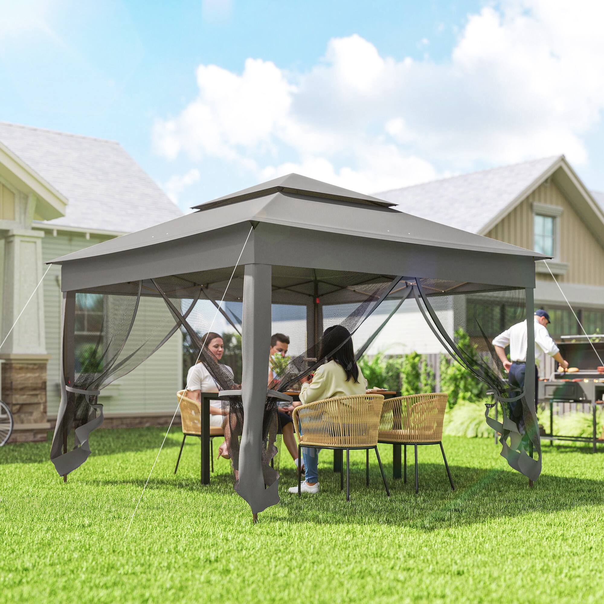 Alt View 1. Outsunny - Outdoor Patio Pop Up Canopy Gazebo Shelter with Zipper Netting, Carry Bag, 11' x 11' - Dark Gray.