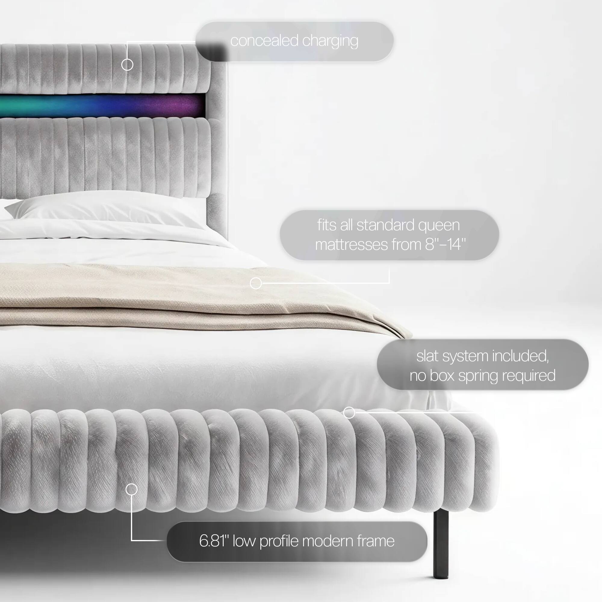 - Concealed charging
- Fits all standard queen mattresses from 8"-14"
- Slat system included, no box spring required
- 6.81" low profile modern frame
