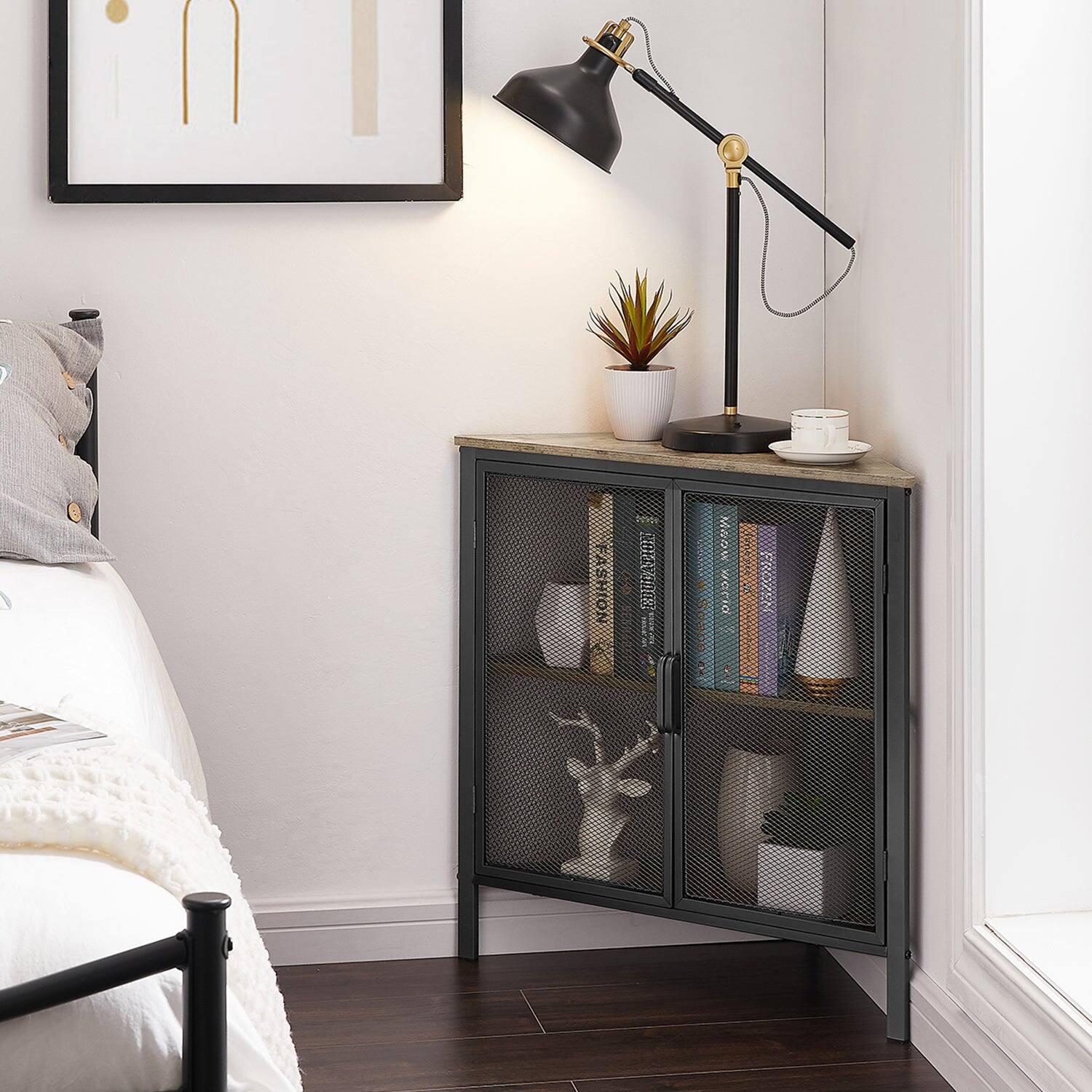 Alt View 2. Vecelo - Triangle Corner Storage Cabinet with Doors, Small Corner Cabinet with Shelves for Bathroom, Living Room & Entryway - Gray.