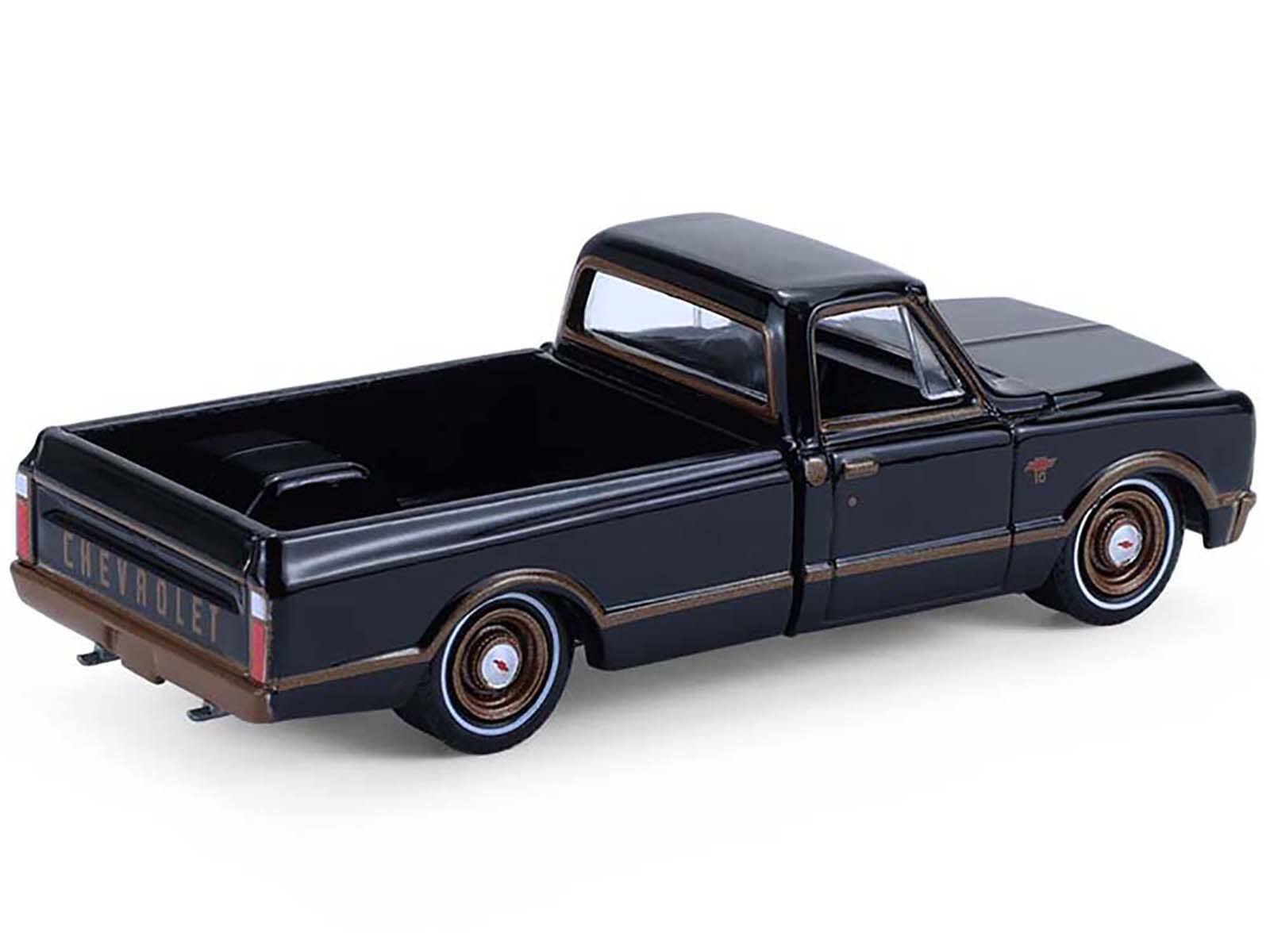Left. Greenlight - 1972 Chevrolet C10 Pickup Truck Lowrider Black with Bronze Stripes "California Lowriders" Series 7 1/64 - Black.