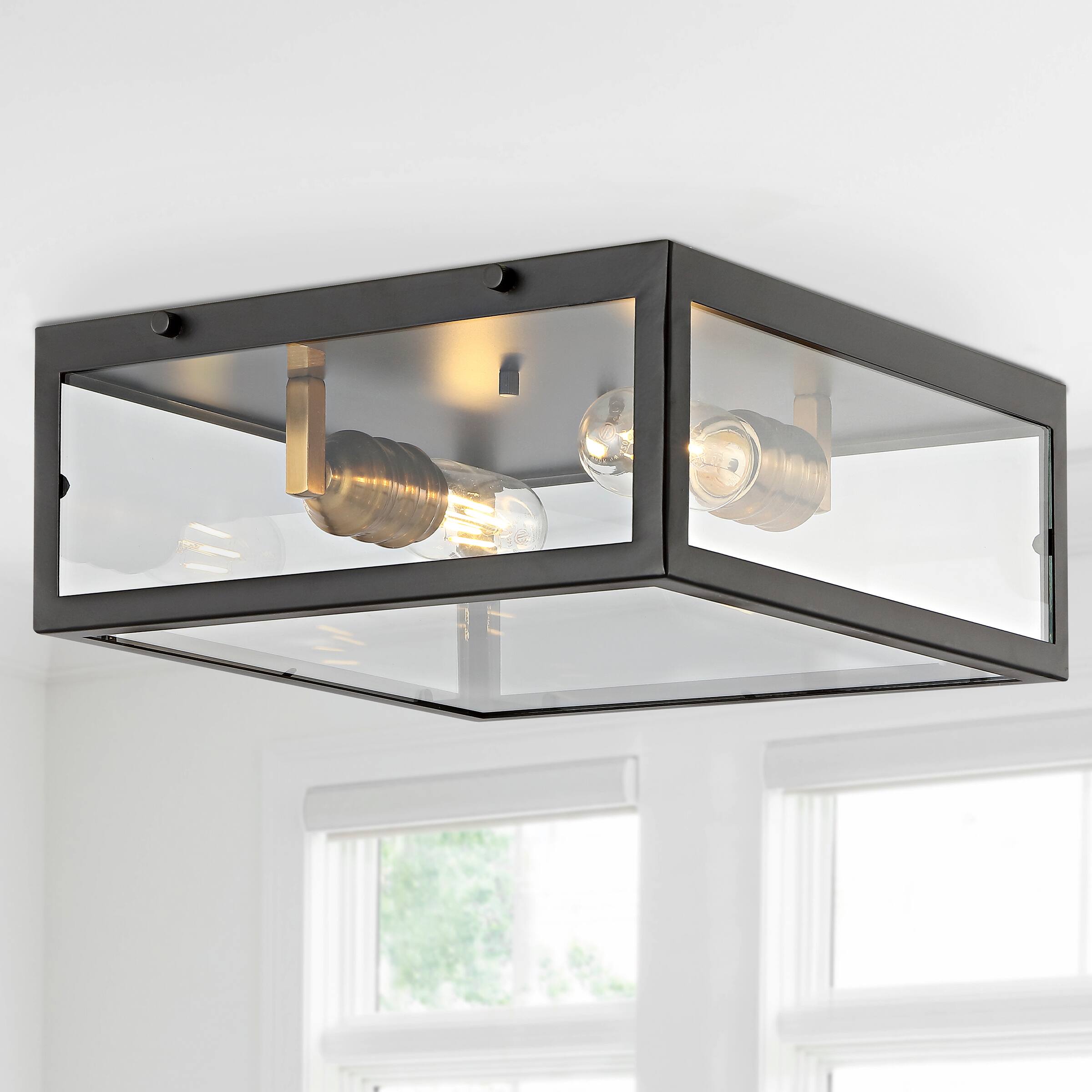 Alt View 1. Jonathan Y - Grayson 12" 2-Light Bohemian Farmhouse Iron/Glass LED Flush Mount, Oil Rubbed Bronze/Brass Gold - Oil Rubbed Bronze/Brass Gold.
