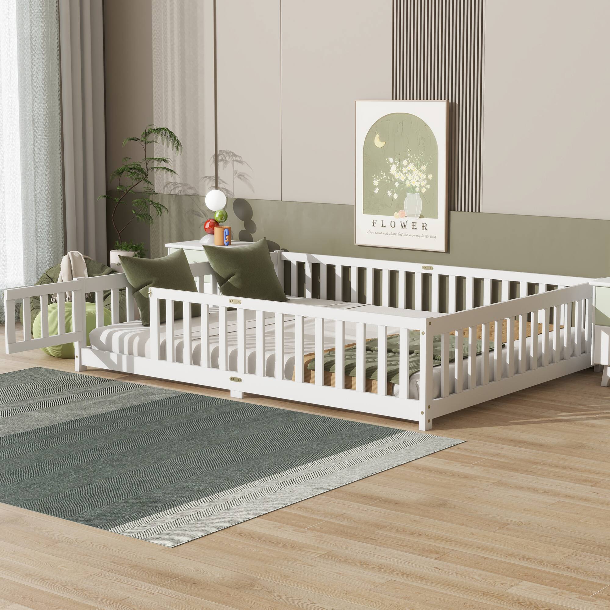 Alt View 1. GOODSILO - Queen Size Low-Profile Platform Bed with Safety Guardrails and Entry Door for Secure Sleeping Space - White.