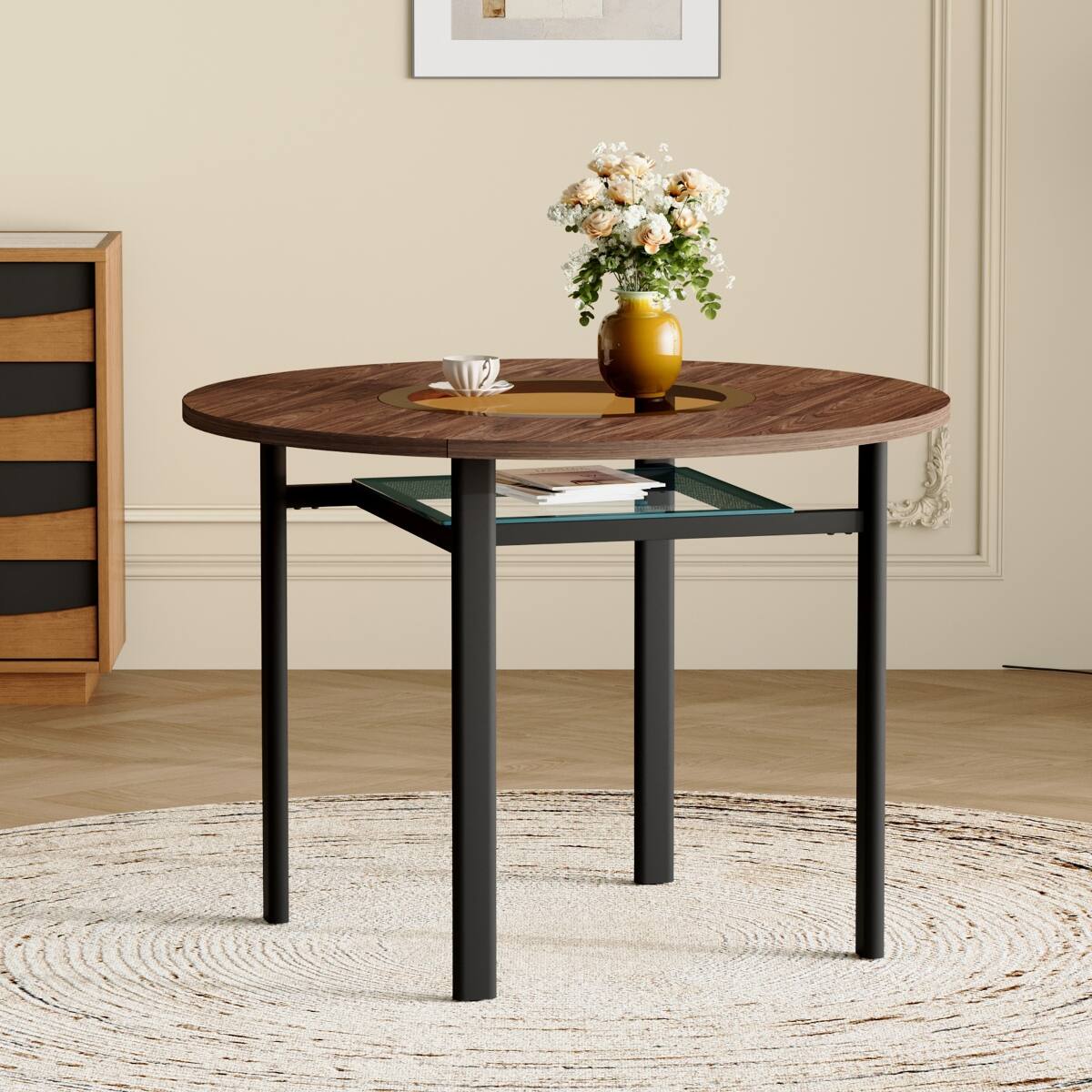 Left. Loheer - Loheer 42 inch round dining table with brown wood grain top and tea glass inlay - Black and Brown.