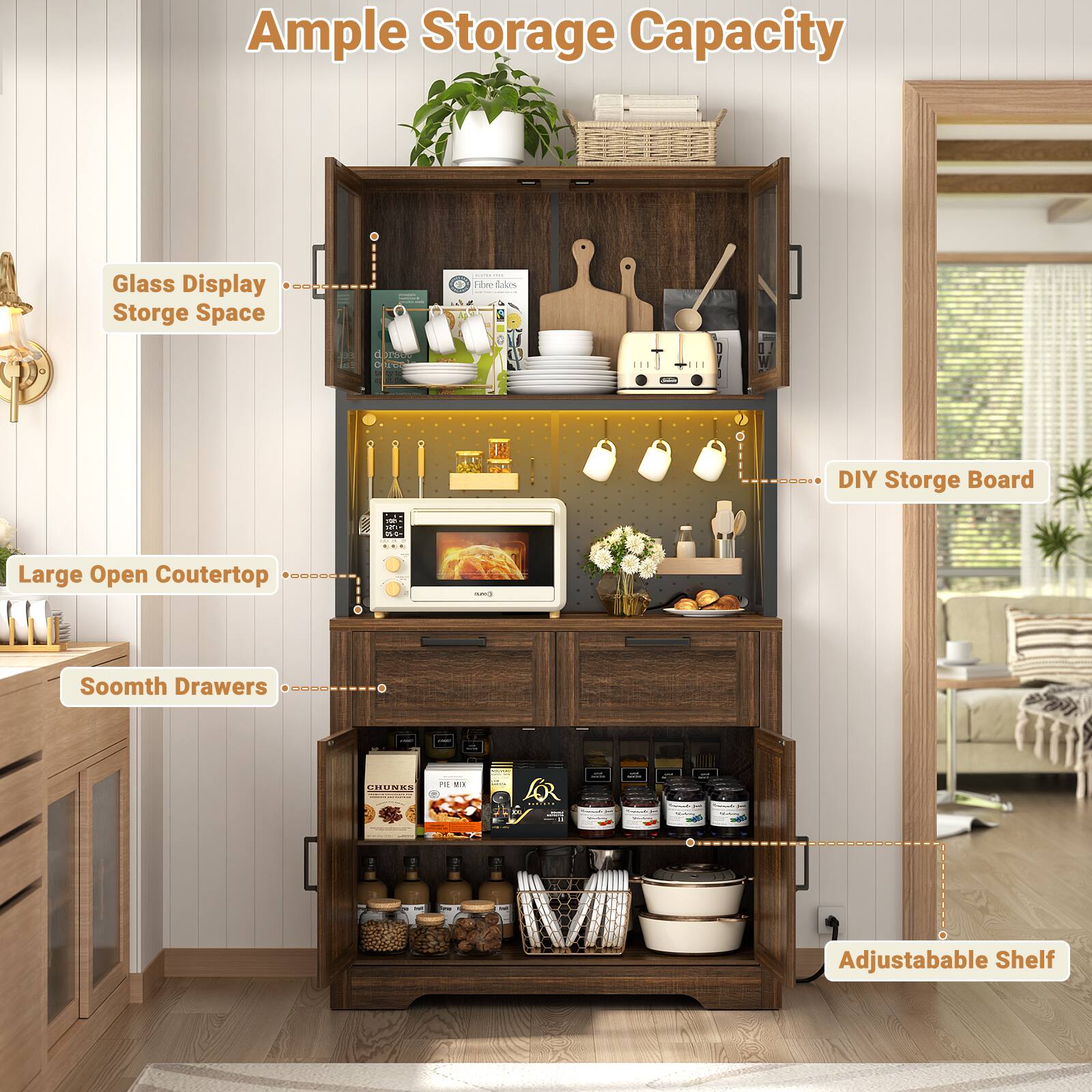 Ample Storage Capacity

- Glass Display Storage Space
- Large Open Countertop
- Smooth Drawers
- Adjustable Shelf
- DIY Storage Board