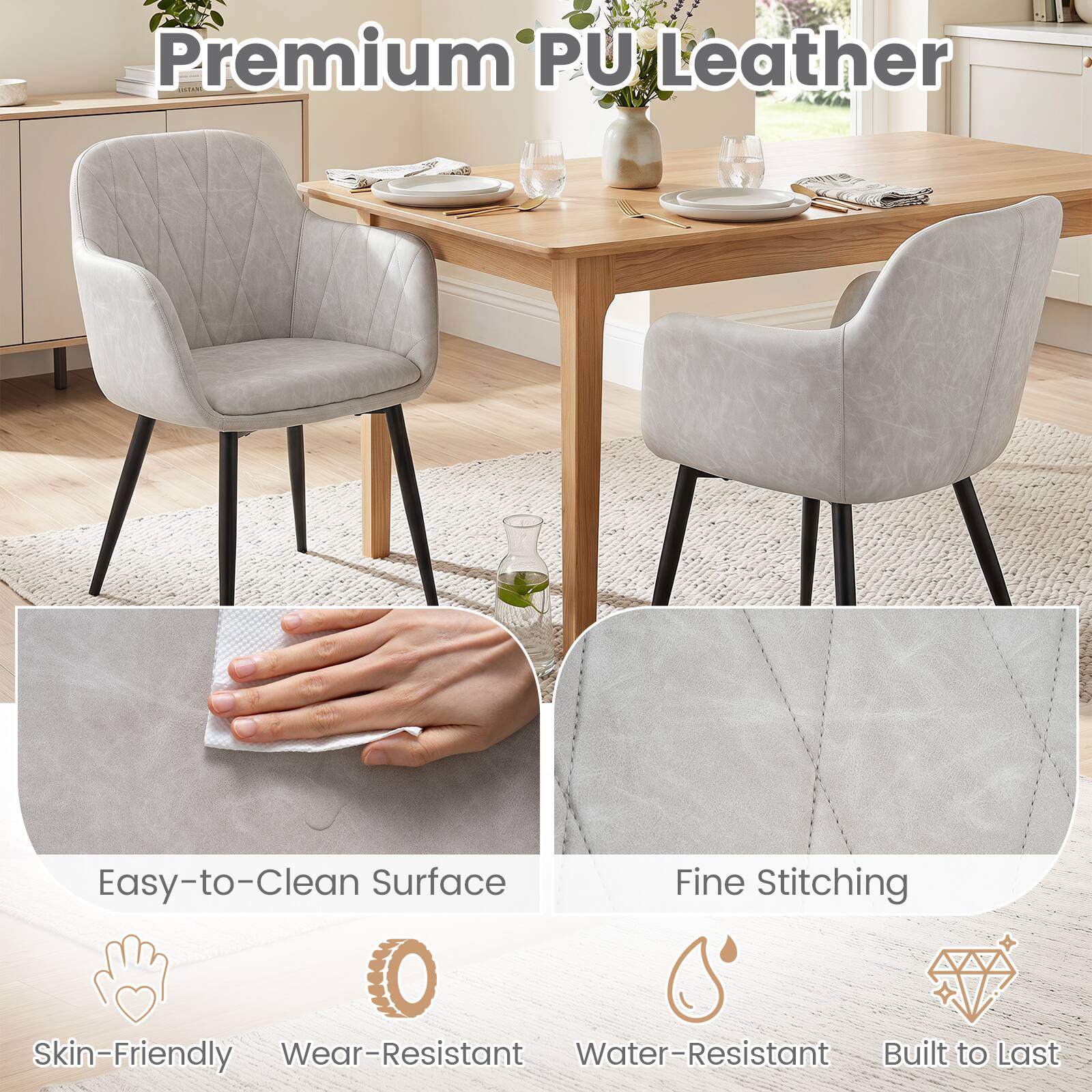 Premium PU Leather  
Easy-to-Clean Surface  
Fine Stitching  
Skin-Friendly  
Wear-Resistant  
Water-Resistant  
Built to Last