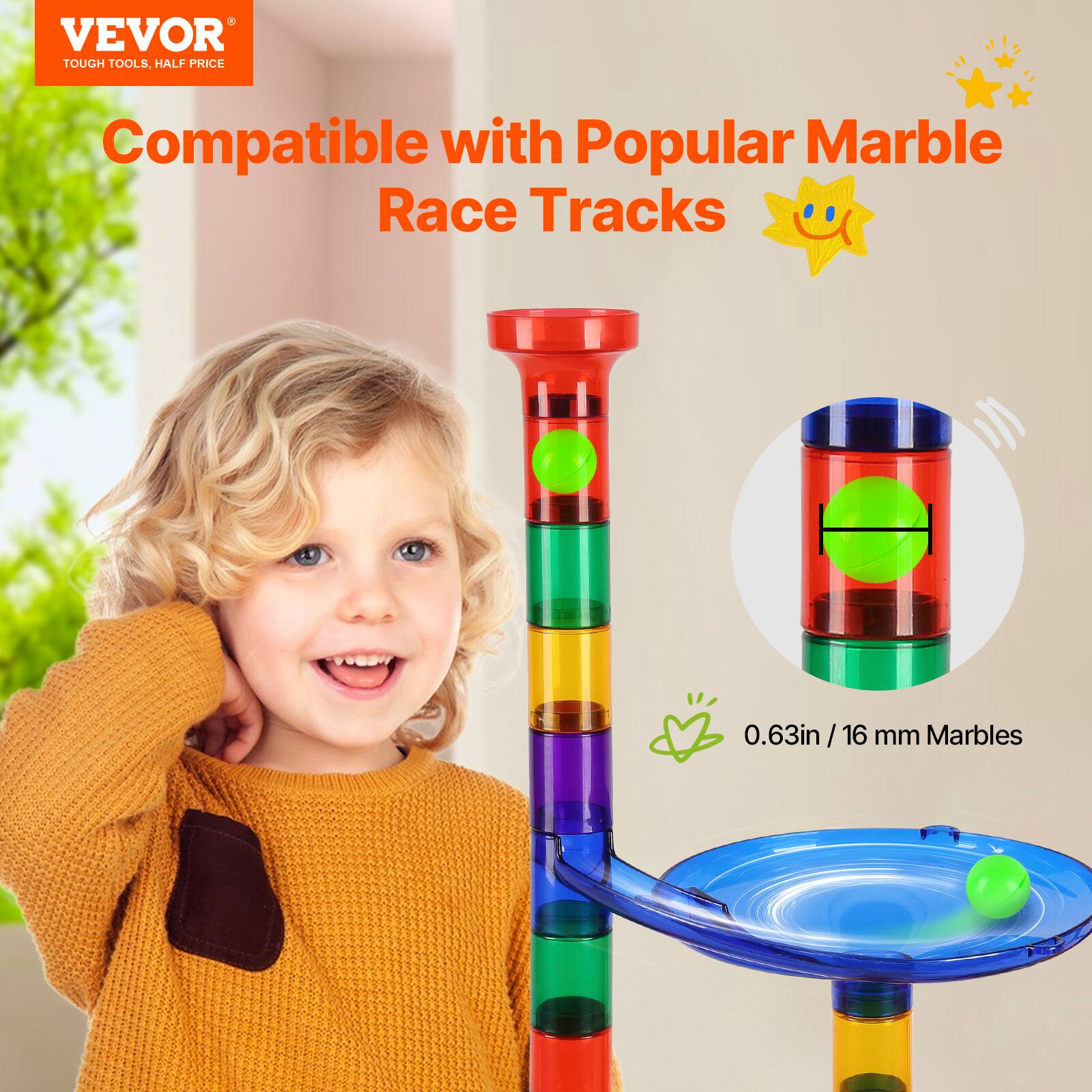 VEVOR  
TOUGH TOOLS, HALF PRICE  

Compatible with Popular Marble Race Tracks  

0.63in / 16 mm Marbles