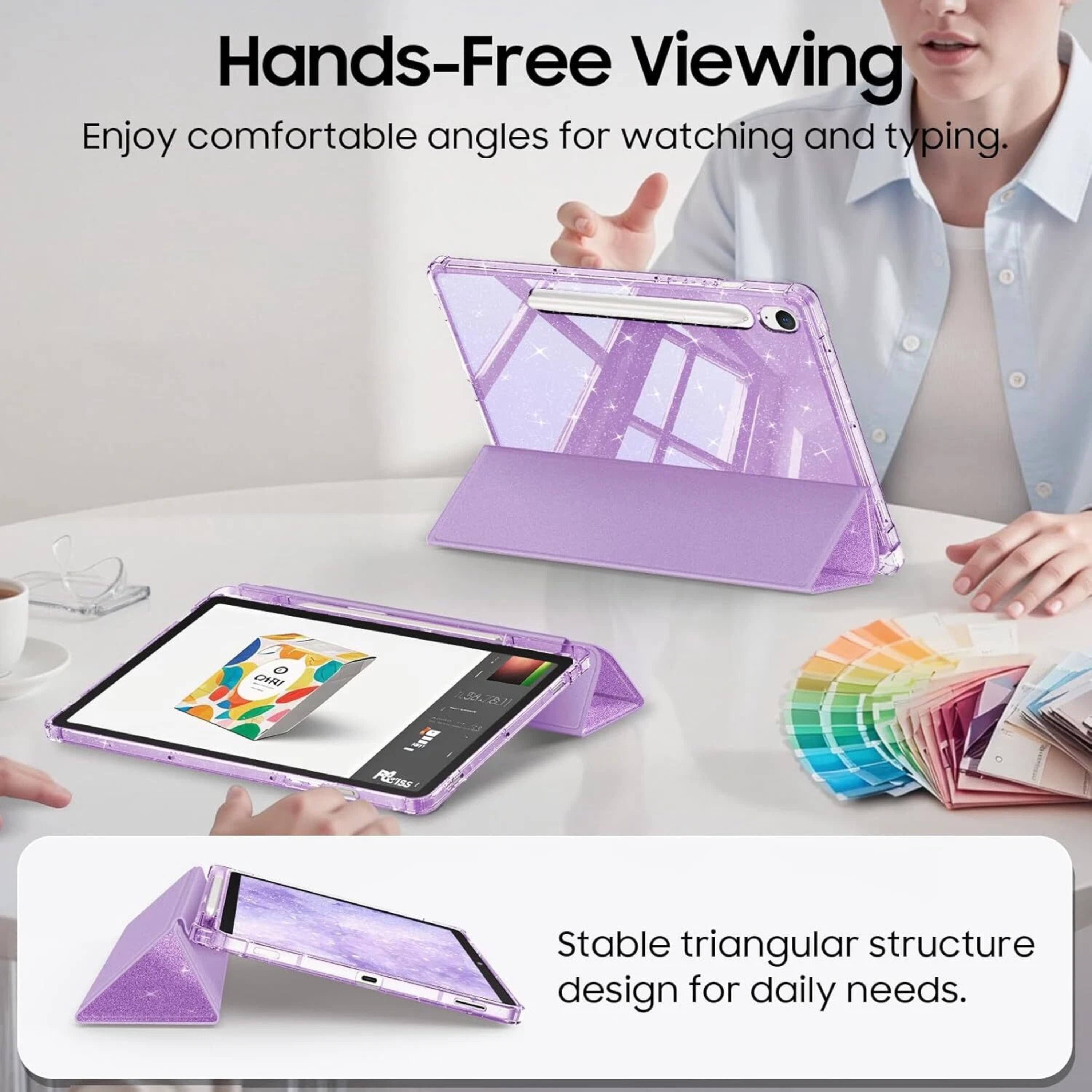 Hands-Free Viewing  
Enjoy comfortable angles for watching and typing.  

Stable triangular structure design for daily needs.