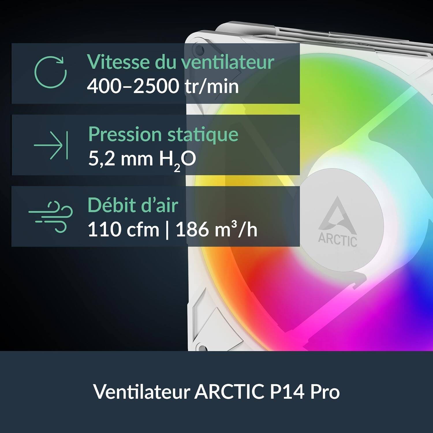 Vitesse du ventilateur 400-2500 tr/min  
Pression statique 5,2 mm H2O  
Débit d'air 110 cfm | 186 m3/h  
Ventilateur ARCTIC P14 Pro