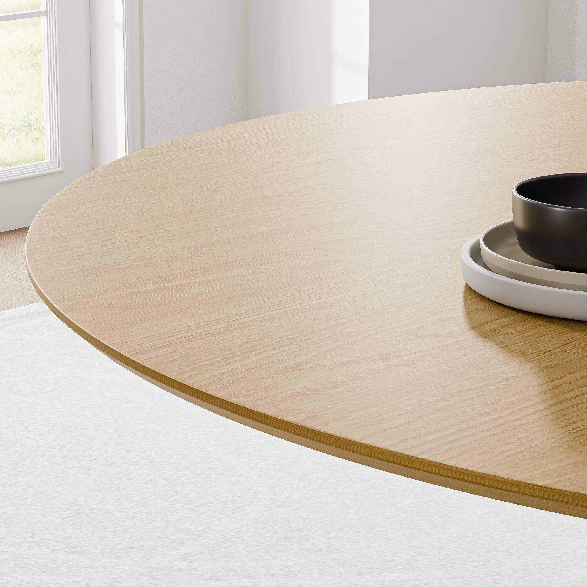 Left. PexFix - Minimalist Farmhouse Solid Oak Dining Table, 46" Round with Tapered Pedestal Base for 4 - Natural.