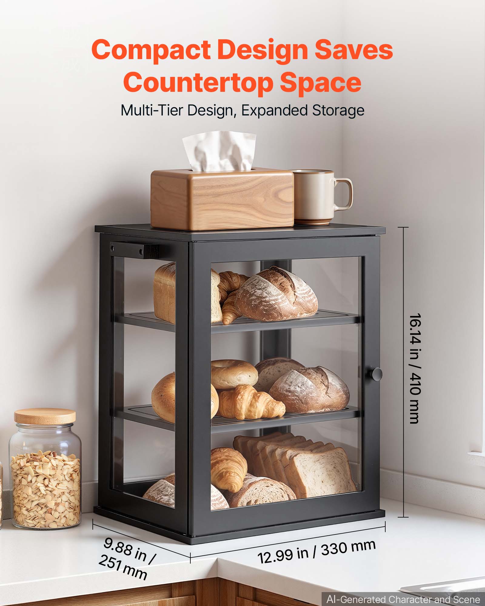 Compact Design Saves Countertop Space  
Multi-Tier Design, Expanded Storage  

16.14 in / 410 mm  
9.88 in / 251 mm  
12.99 in / 330 mm  

AI-Generated Character and Scene