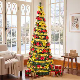 Gymax - 7ft Pop Up Christmas Tree w/65 Christmas Balls 65 Flowers 200 Pre-Lit LED Lights - Green