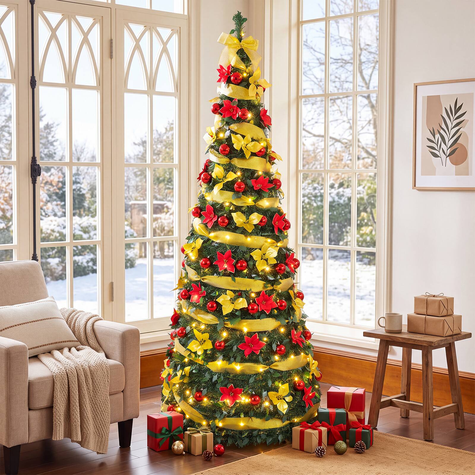 Gymax - 7ft Pop Up Christmas Tree w/65 Christmas Balls 65 Flowers 200 Pre-Lit LED Lights - Green
