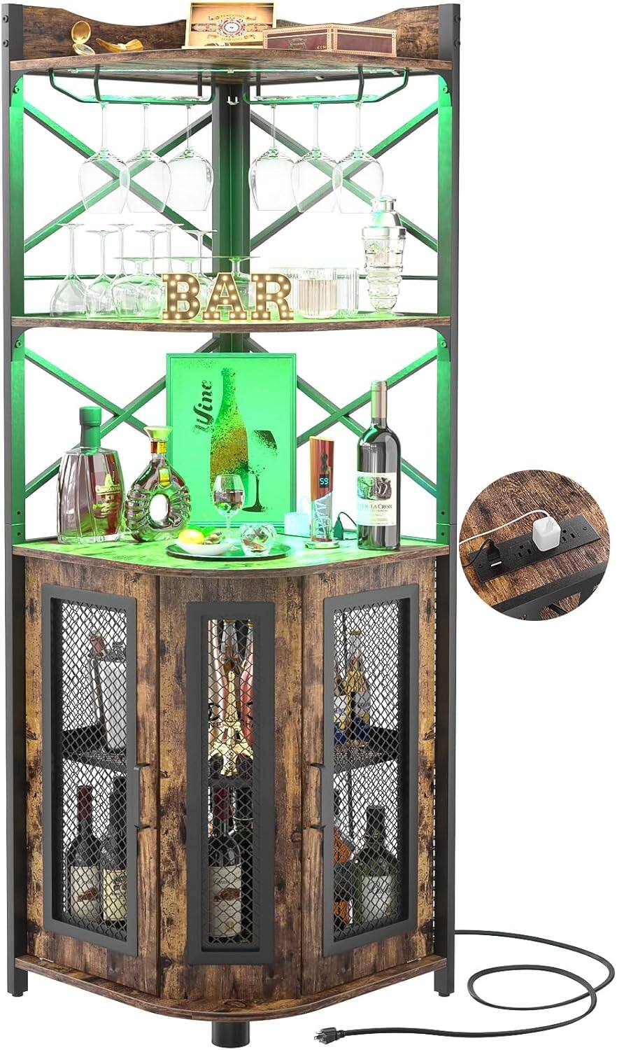 Aheaplus - Industrial 5-Tiers Corner Bar/Wine/Liquor Cabinet with Power Outlet, LED Strip & Glass Holder for Home Small Space - Rustic Brown price history on PriceWatchPro