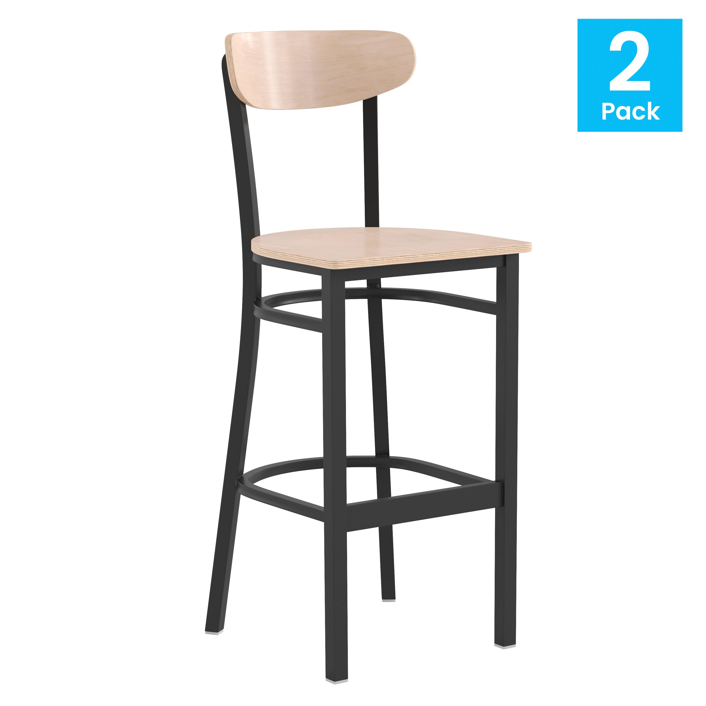 Alt View 1. Emma + Oliver - Yara Industrial Barstool with Rolled Steel Frame and Solid Wood Seat - 500 lbs. Static Weight Capacity - Natural Birch.